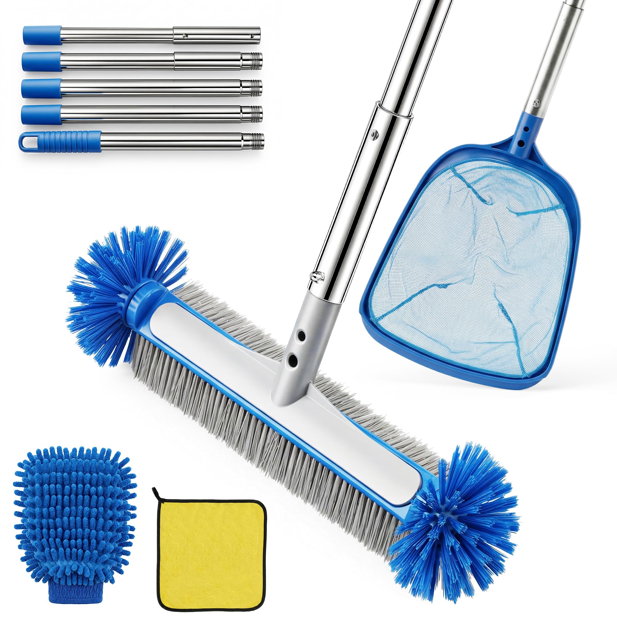 Coxyzoxy Swimming Pool Cleaning Tool Kit with Skimmer & Large Brush, 180cm Pond Skimmer Net Accessories with 5pcs Telescopic Pole, Gloves, Cloth for Pond Pool Hot Tub Spa Koi Tank