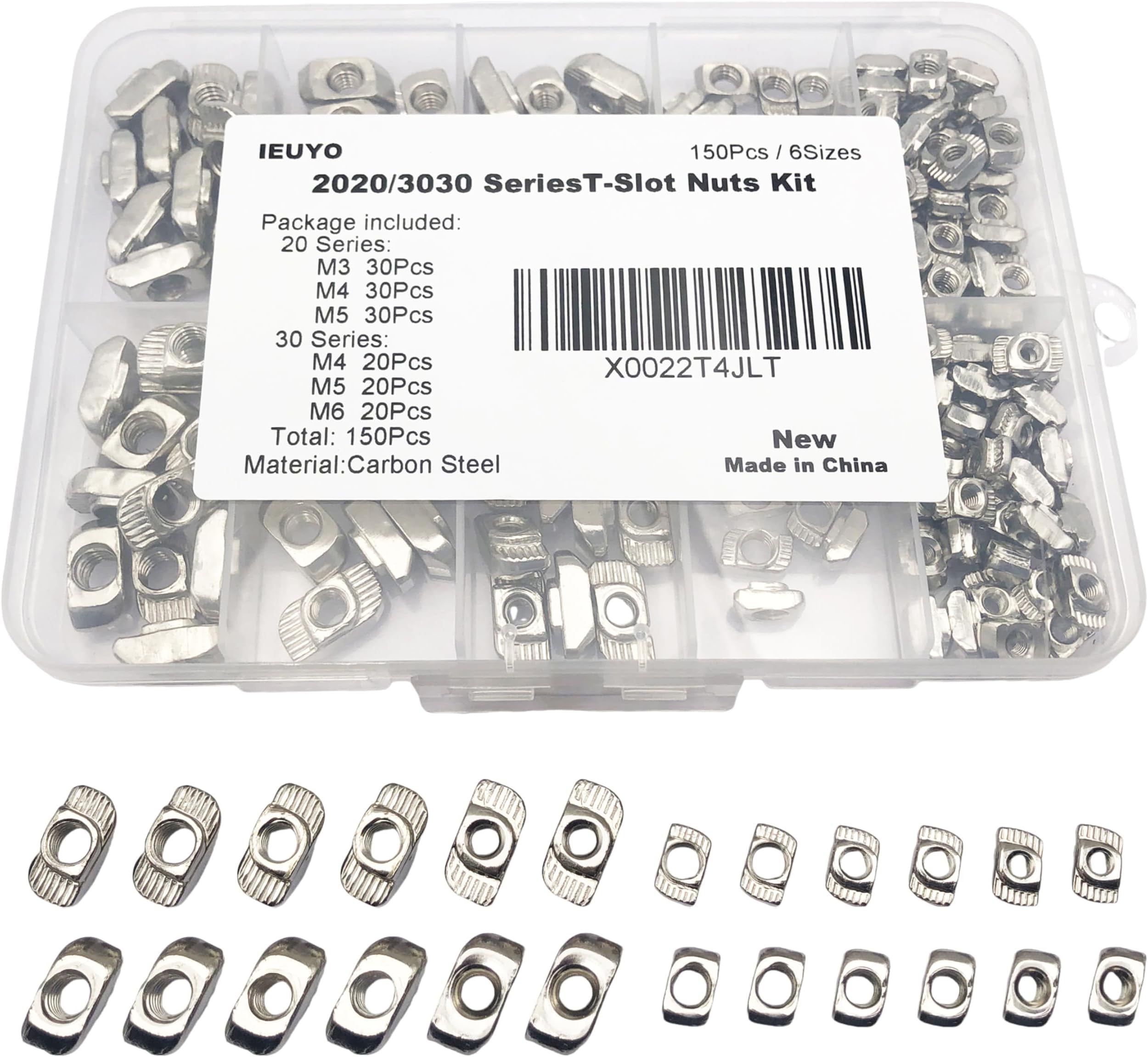 M3 M4 M5 M6 T Slot Nuts for 2020 3030 Aluminum Profiles - 6Sizes 150Pcs Kit - Carbon Steel,Hammer Head T-Slot Fasteners