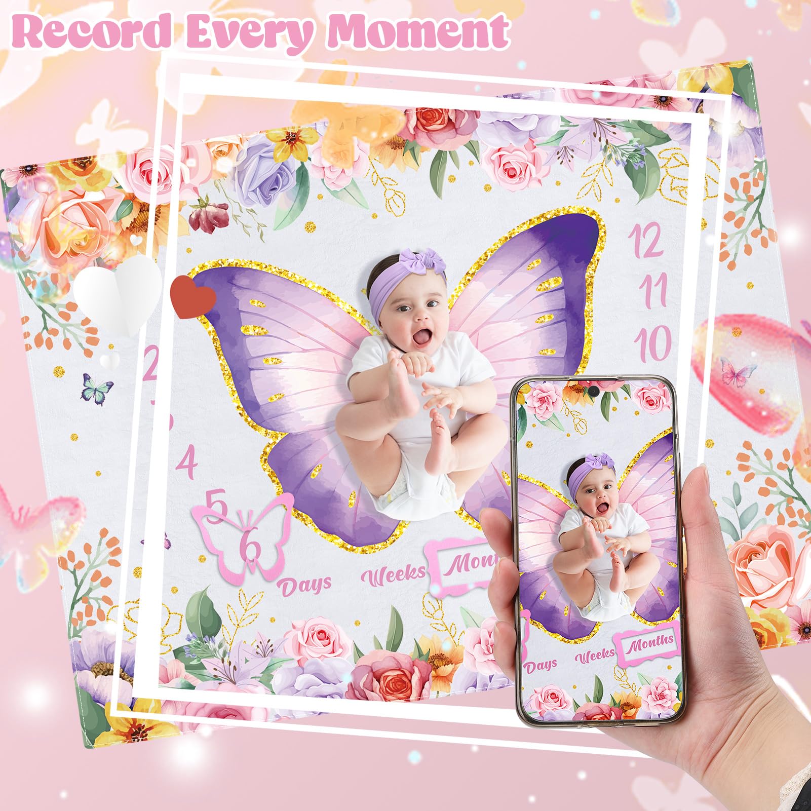 Juego de manta con diseño de mariposa para bebé, manta mensual floral para el crecimiento del bebé, fondo de fotografía para recién nacidos con letreros de madera, marcos, diadema de lazo