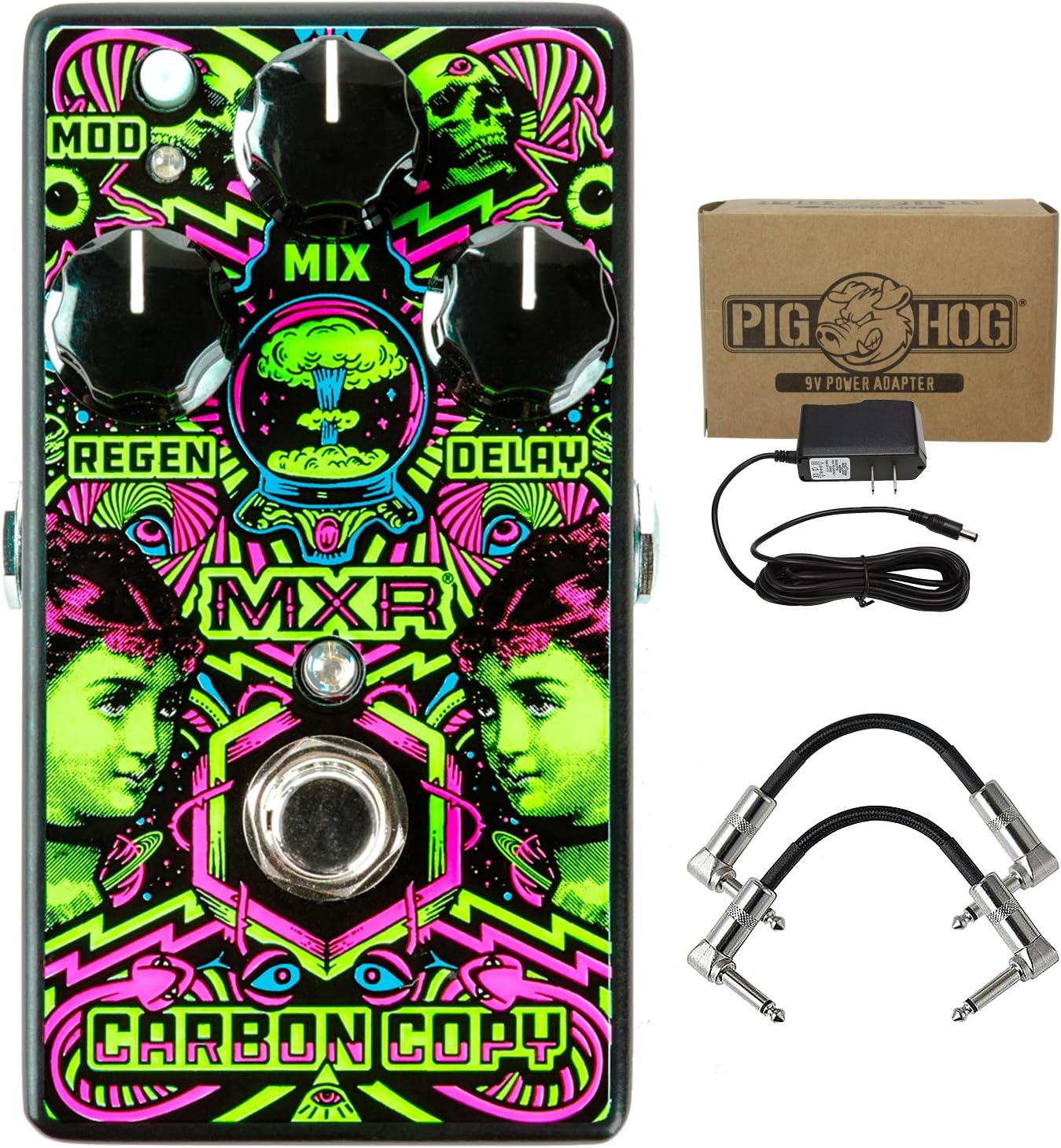 Dunlop MXR ILD169 I Love Dust Carbon Copy Guitar Pedal with 9v AC Power Adapter and 2 R-Angle Patch Cable