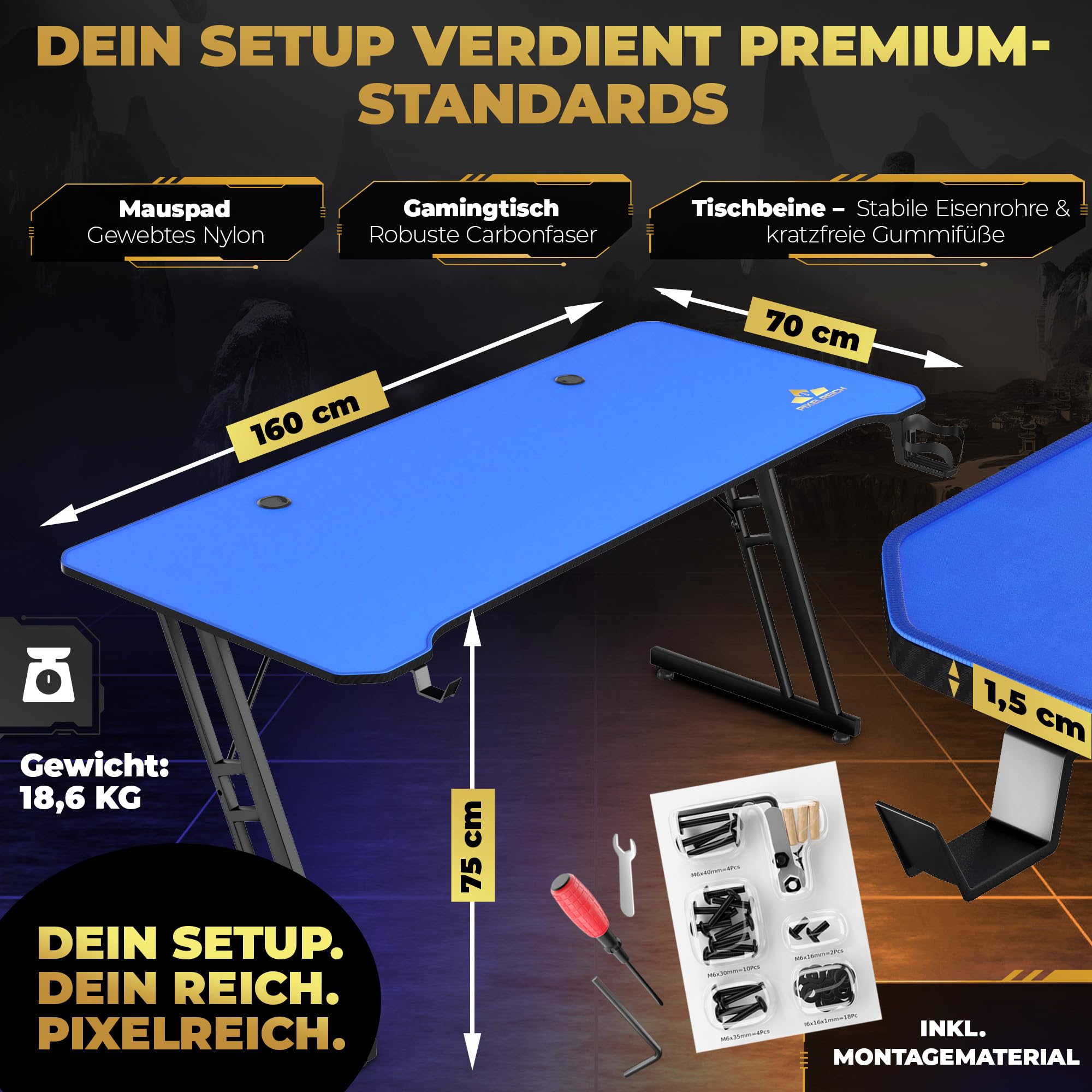 Gaming Tisch 160x70 – Schreibtisch mit XXL Mauspad & Kabelmanagementsystem – für PC Zocker & Gamer | Blau