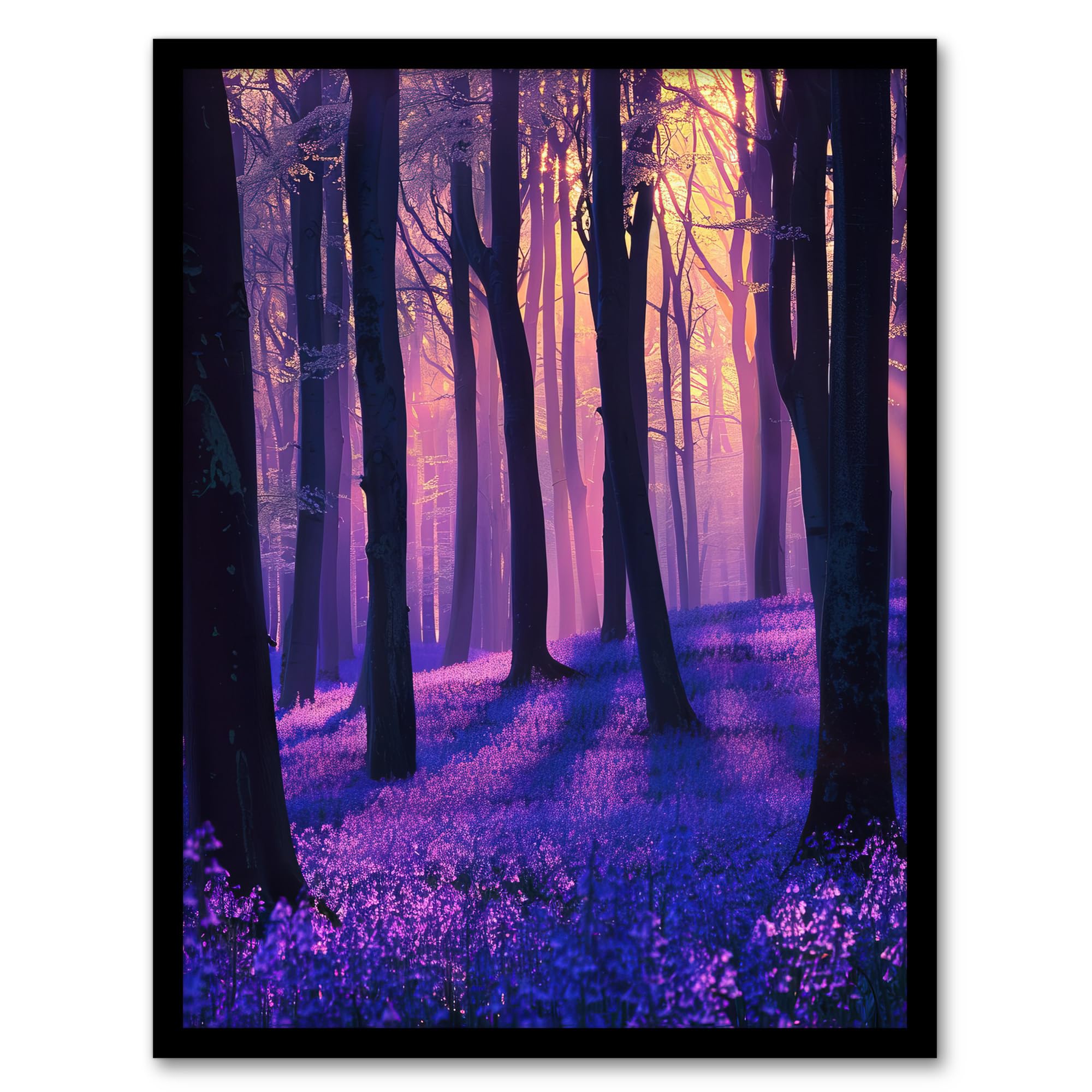Artery8 Realistic Purple Bluebell Forest Artwork Dawn Sun Living Room Artwork Framed Wall Art Print A4
