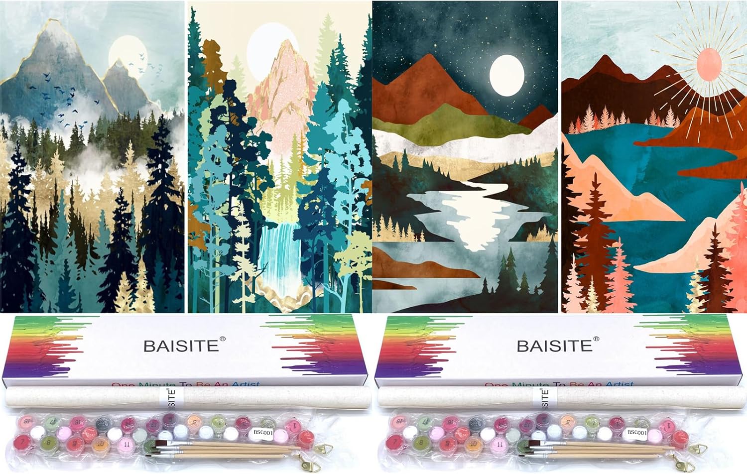 BAISITE 4 Pack Paint by Numbers Kit for Adults Beginners,12" Wx16 L Canvas Pictures Drawing Paintwork with 16 Pcs Wooden Paintbrushes,Acrylic Pigment in Gift Box,Mountains and Sun