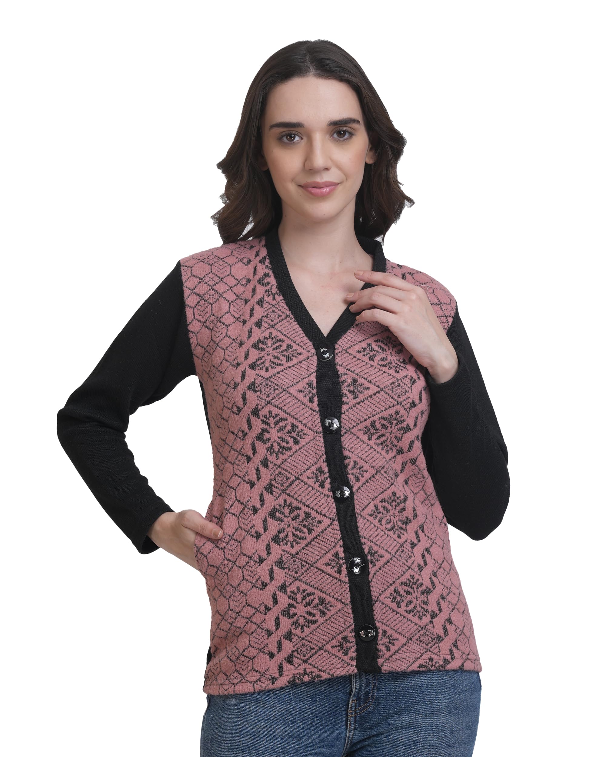Women Woolen V-Neck Cardigan Sweater for Winter | Full Sleeve Button-Down Stylish Casual Wear with Side Pockets | Cozy & Warm Winter Sweater-picture-43