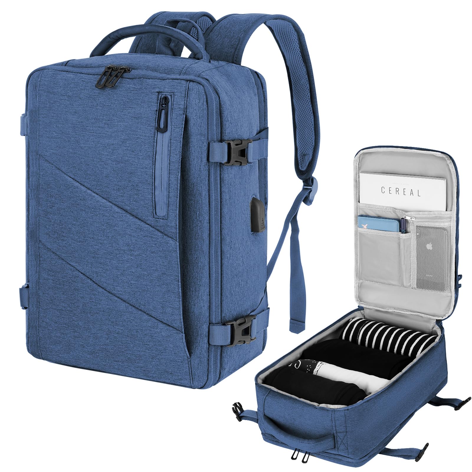 VOESLD für Easyjet Handgepäck 45x36x20, Handgepäck Rucksack Herren Damen Laptop Rucksack Wasserdicht, Reiserucksack Blau Flugzeug für Alle Großen Airlines, Mit USB-Anschluss 32L