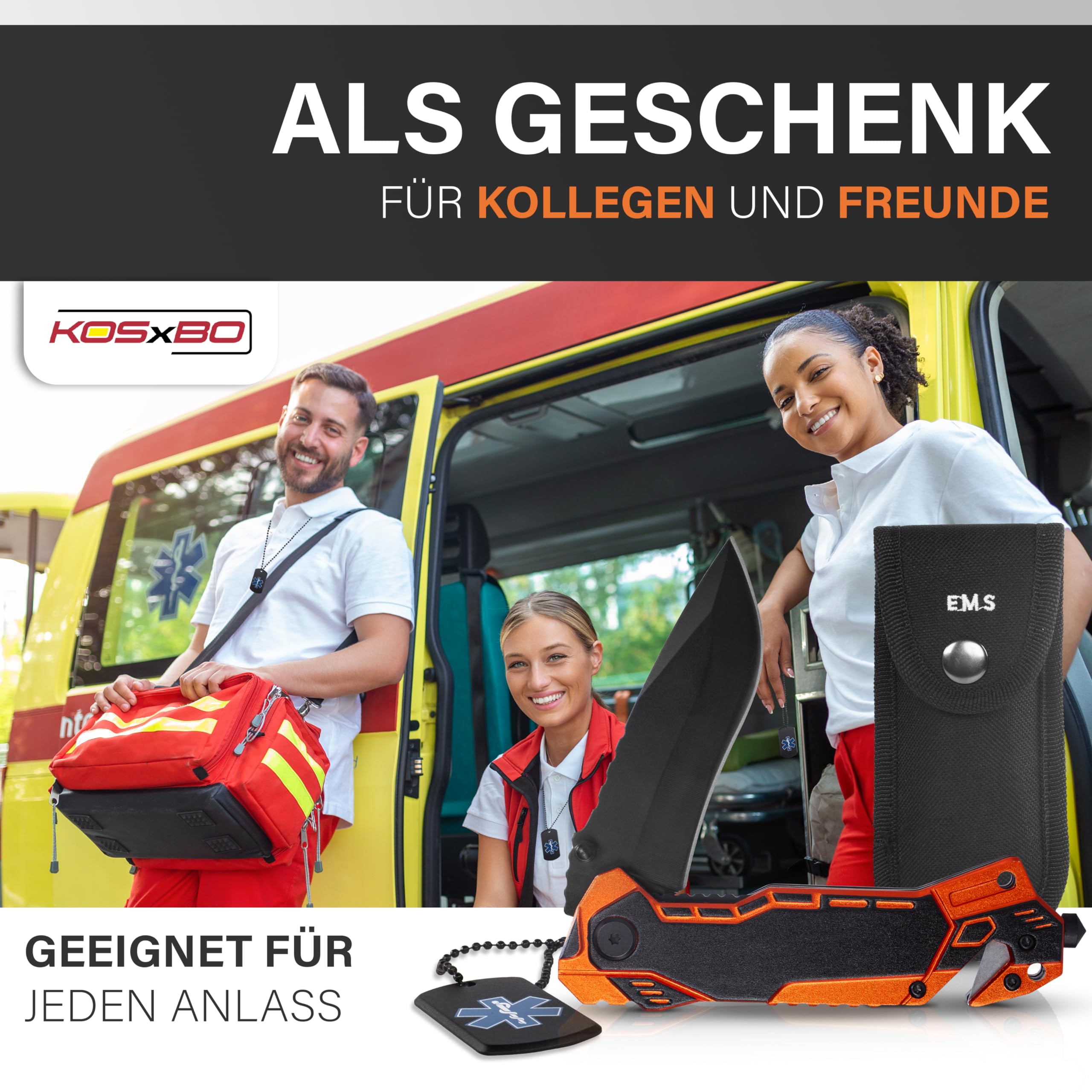 KOSxBO Rescue Knife EMS Rettungsmesser mit Glasbrecher und Gurtschneider inkl. Messertasche und Dog Tag - Messer Taschenmesser Outdoor Messer Klappmesser Survival Camping