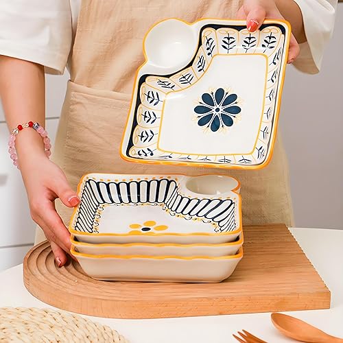 Miniatura 6 de Paquete de 4 platos para albóndigas con platillo de inmersión, plato de cerámica japonés de sushi japonés de 7.5 pulgadas, colorido plato cuadrado
