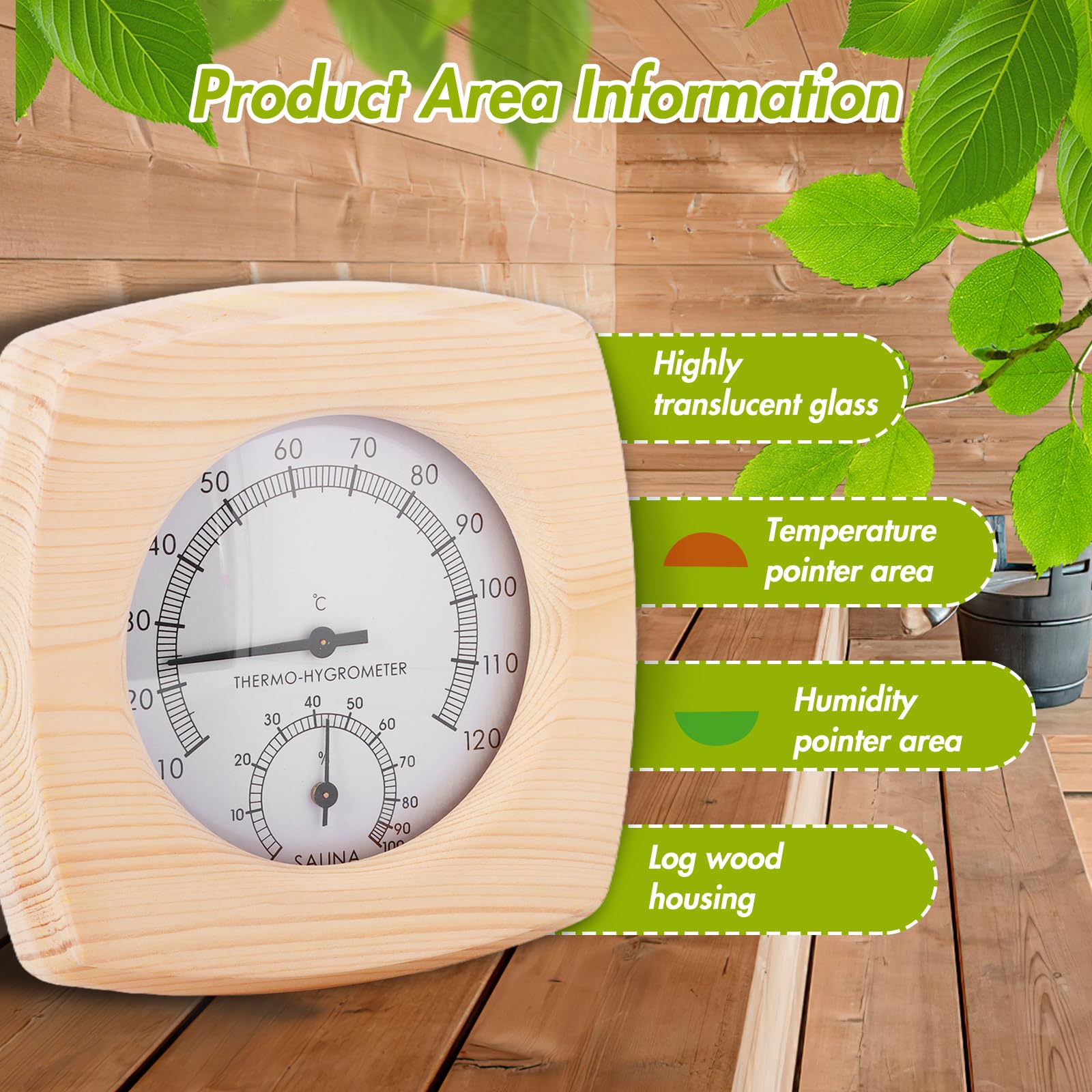 Wood Sauna Thermo-Hygrometer, 2-In-1 Square Thermometer and Hygrometer, Wooden Humidity Meter Hot Tubs Supplies - Image 2