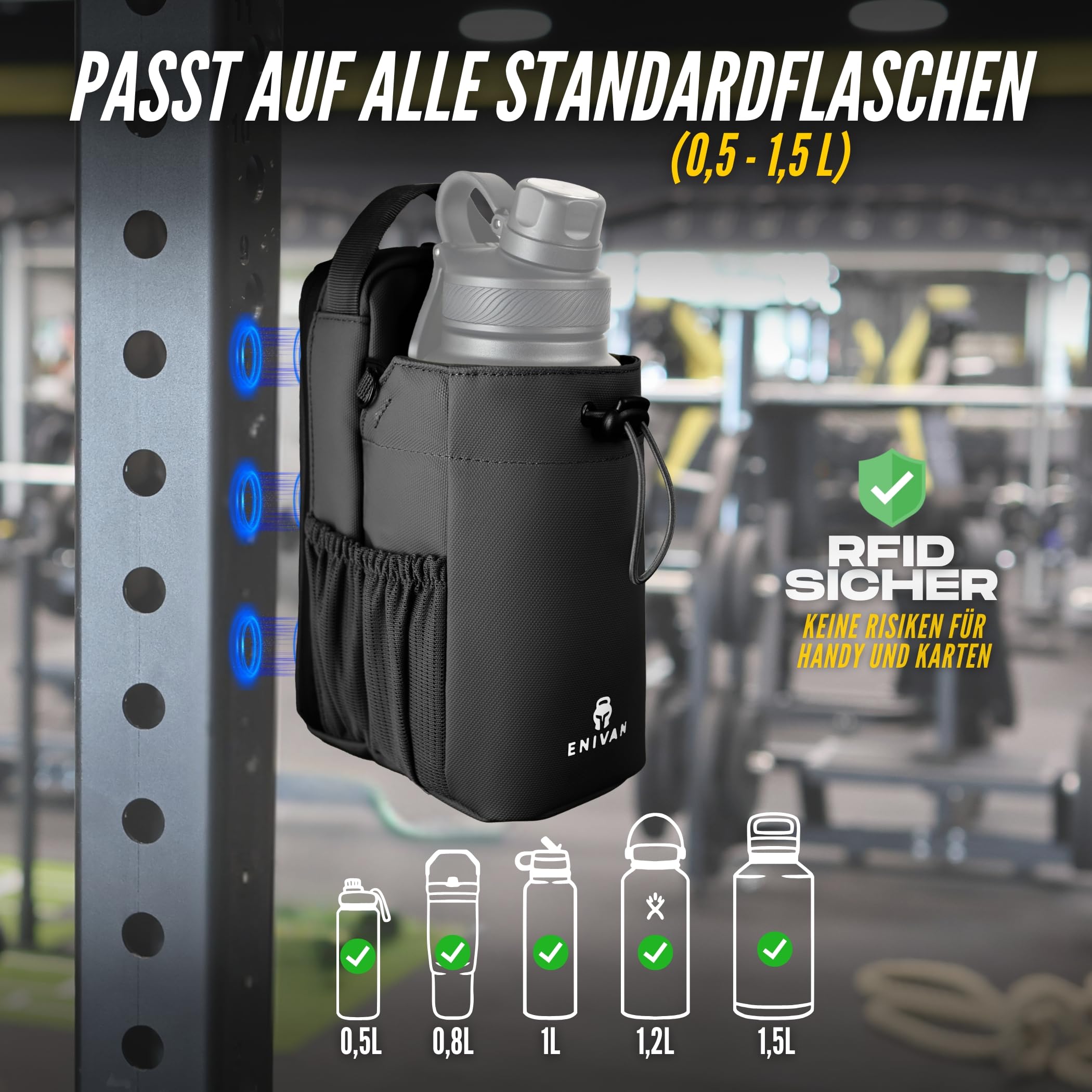 Magnetische Sporttasche mit Flaschenhalter, passt für 1,5 L Trinkflaschen, Handyfach, Schlüsselkarabiner, Schultergurt – für Männer & Frauen, Gym, Fitness & Alltag, wasserabweisend, Schwarz