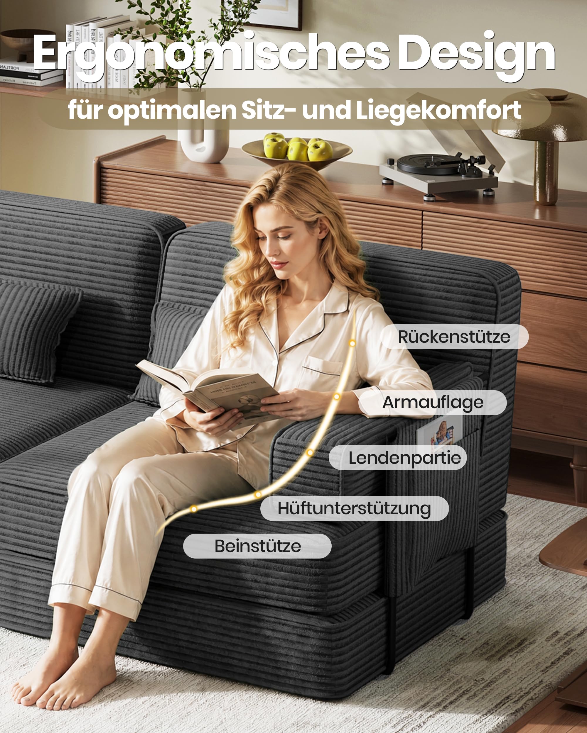 Schlafsofa 190 cm Breit, Modulares Bodensofa, Boneless Couch mit Hoher Rückenlehne, 2-Sitzer Vollschaum Sofa aus Cord, 5-in-1 Klappsofa mit Schlaffunktion zum Gästebett, Grau