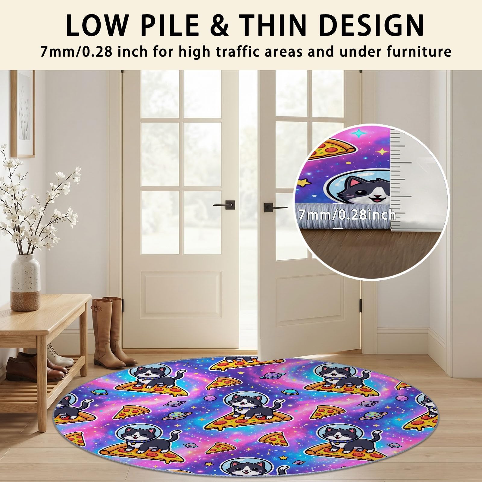 Générique Tapis Rond Multicolore 120 cm, Tapis à Poils Courts Lavable, Rond, Antidérapant et Doux, Design Animal Nourriture Chaton Ludique en Dessin Animé & Galaxie pour Amoureux des Animaux