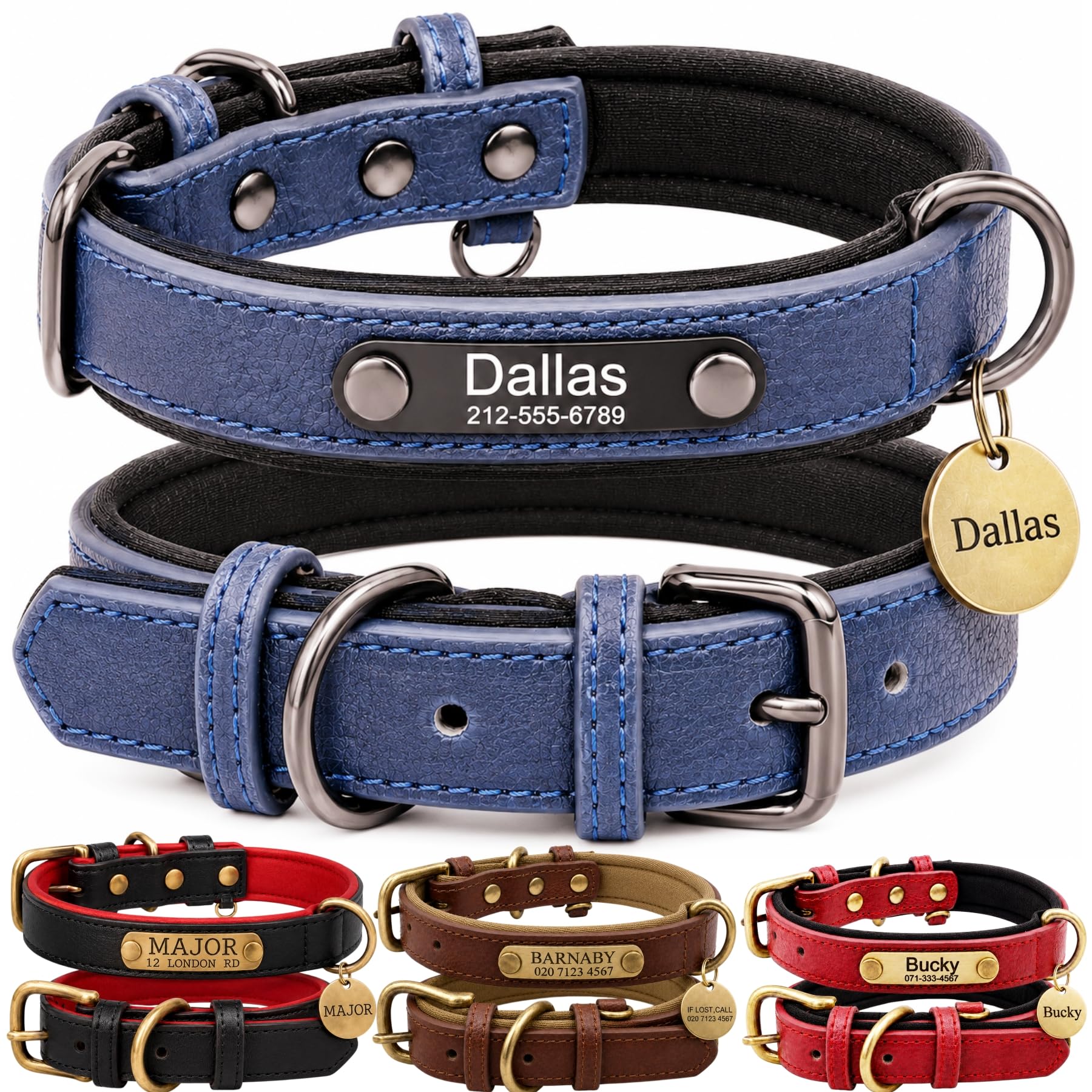 Personalised Leather Dog Collar with Engraved ID Name Plate, Adjustable Comfortable Fit for Small Medium and Large Dogs, Custom Puppy and Adult Dog Collar for Daily Walking — image 1