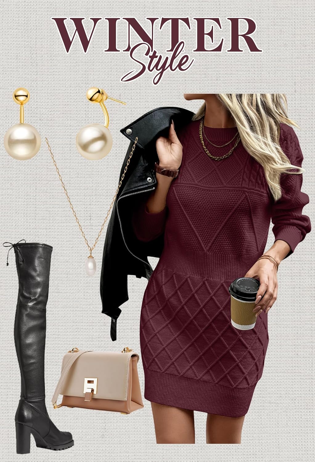 Angashion Sweater Dress for Women - 2026 Fall Winter Long Sleeve Crewneck Slim Fit Diamond Knit Casual Mini Pullover Top - Image 5