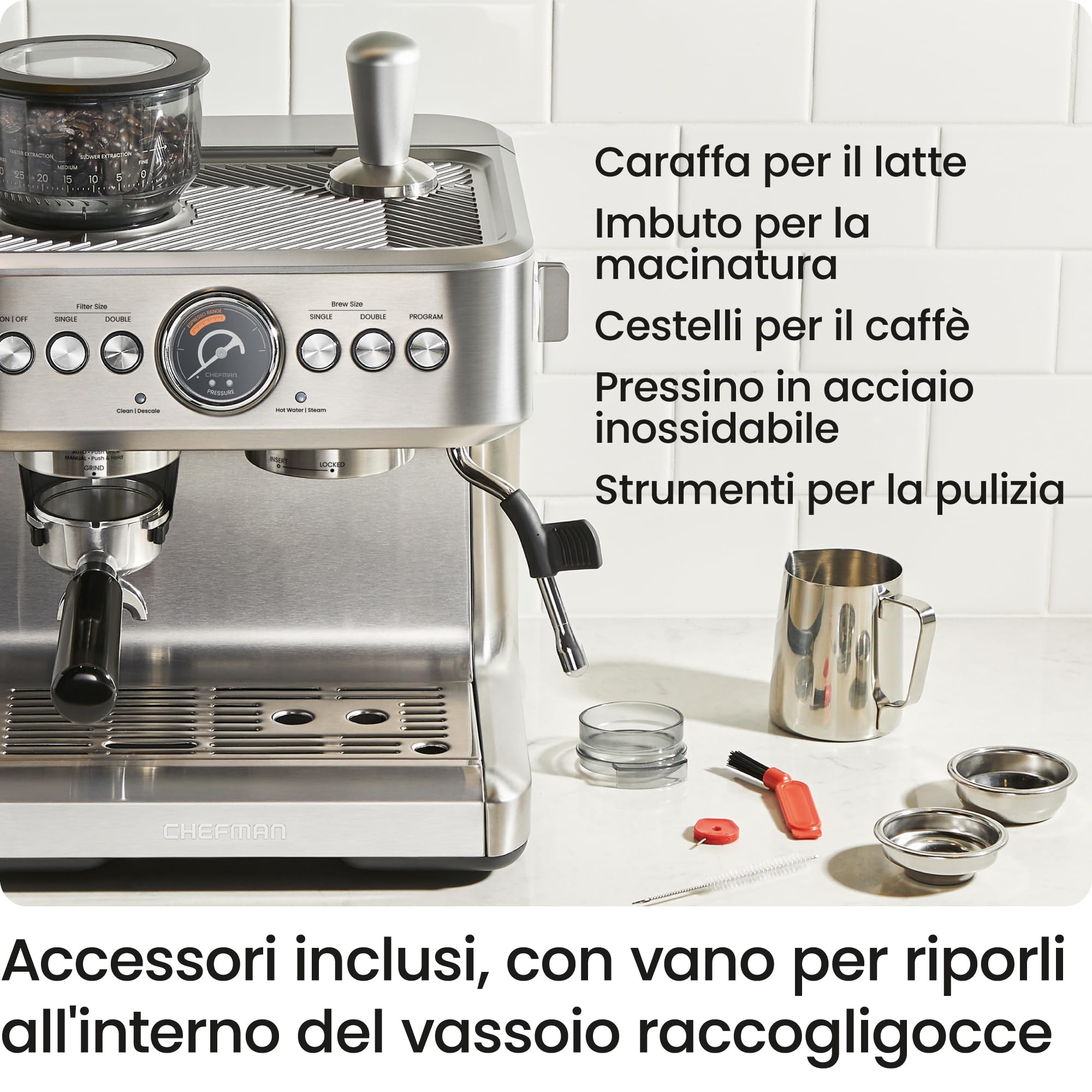 Chefman Crema Supreme Macchina per Espresso 15 Bar con Macinacaffè | Montalatte, canna del vapore Barista, 30 impostazioni di macinazione, serbatoio 3L rimovibile