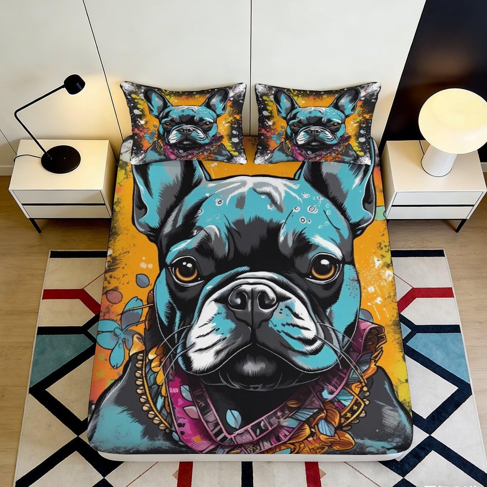 3D Printed French Bulldog Art Fitted Sheet Microfiber Soft Anti-Slip Mattress Cover for Bedroom Dorm Decor 90x200x25cm