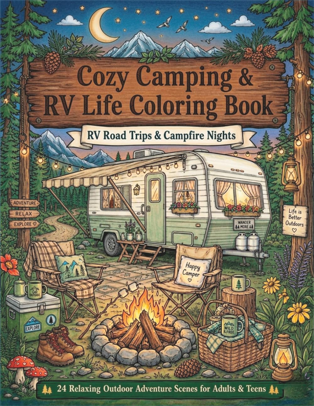 Cozy Camping RV Life Coloring Book: Campfire Nights and Road Trip Coloring Pages, Camping And RV Gift for Adults