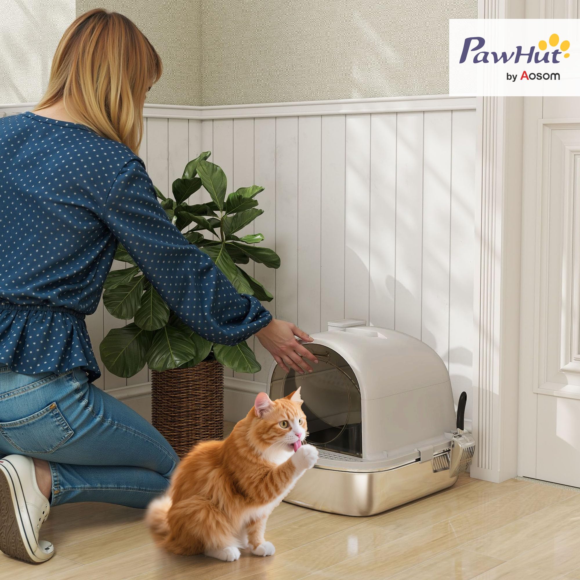 PawHut Arenero Gatos de Acero Inoxidable Cubierto 52,4x41,3x39,9 cm Gris | Caja de Arena para Gatos, Arenero, con Bolsa Desodorizante, Pala, Fácil de Limpiar