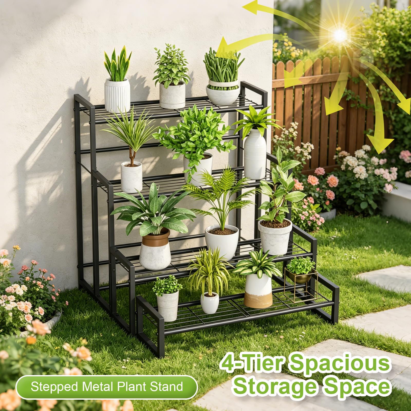 VyGrow Pflanzenständer, 4 Etagen, stapelbar, gestuft, Pflanzenständer, skalierbar, strapazierfähig, hoch, Pflanzenregal für drinnen und draußen, Garten, Ausstellungsregale, Blumentopfhalter, Schwarz