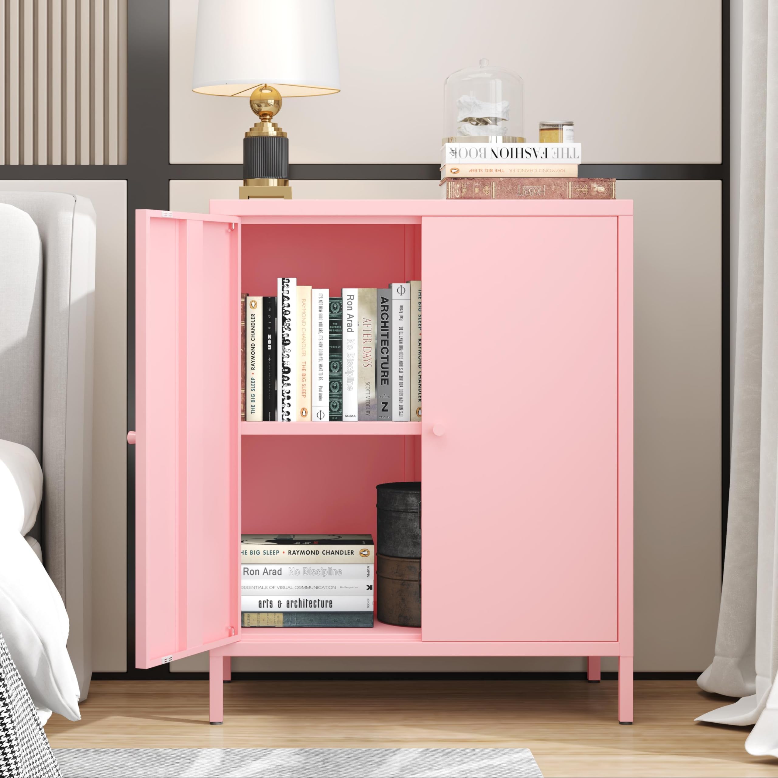 Small 2 Door Metal Storage Side Buffet Cabinet for Room,Entryway,Hallway,Kitchen,1 Removable Shelf.(Metal Door, Pink)