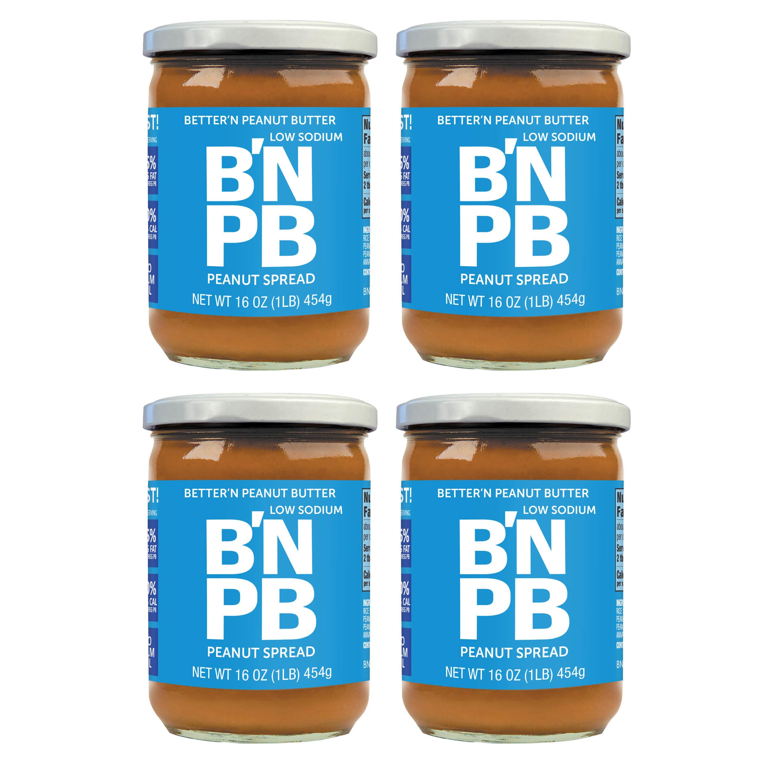 Low Fat and Low-Sodium Peanut Butter Spread by Better’n Peanut Butter, Creamy Low-Calorie Peanut Spread with No Saturated Fat, Gluten Free, Dairy Free, Non GMO, Kosher, Pack of 4, 16 oz. Glass Jars