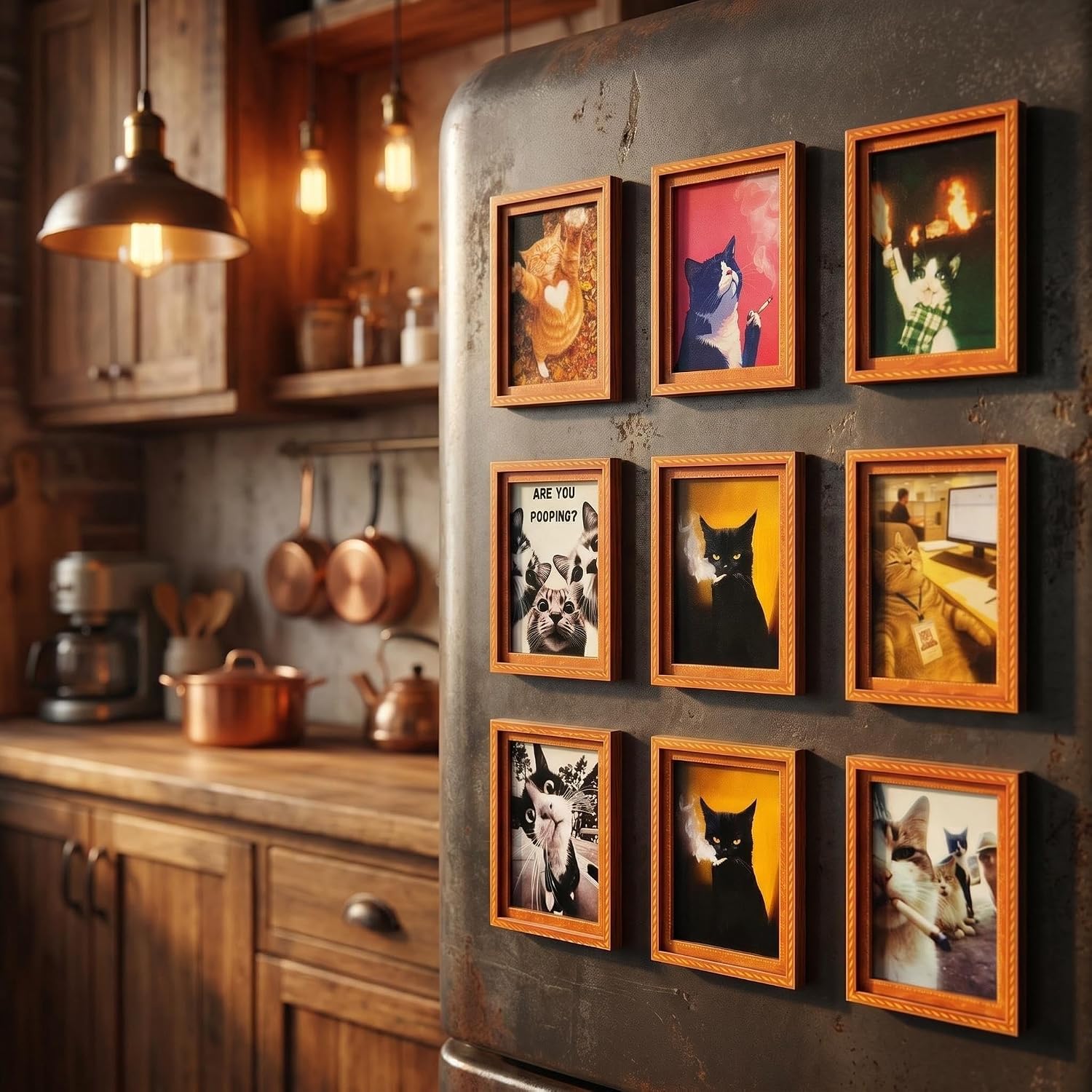 8Pcs Funny Cat Meme Fridge Magnets, 3D Retro Orange Wooden Frame Cute Magnetic Decor, No Slip Strong Magnet for Kitchen Whiteboard Home Office Photo Note Holder image 4