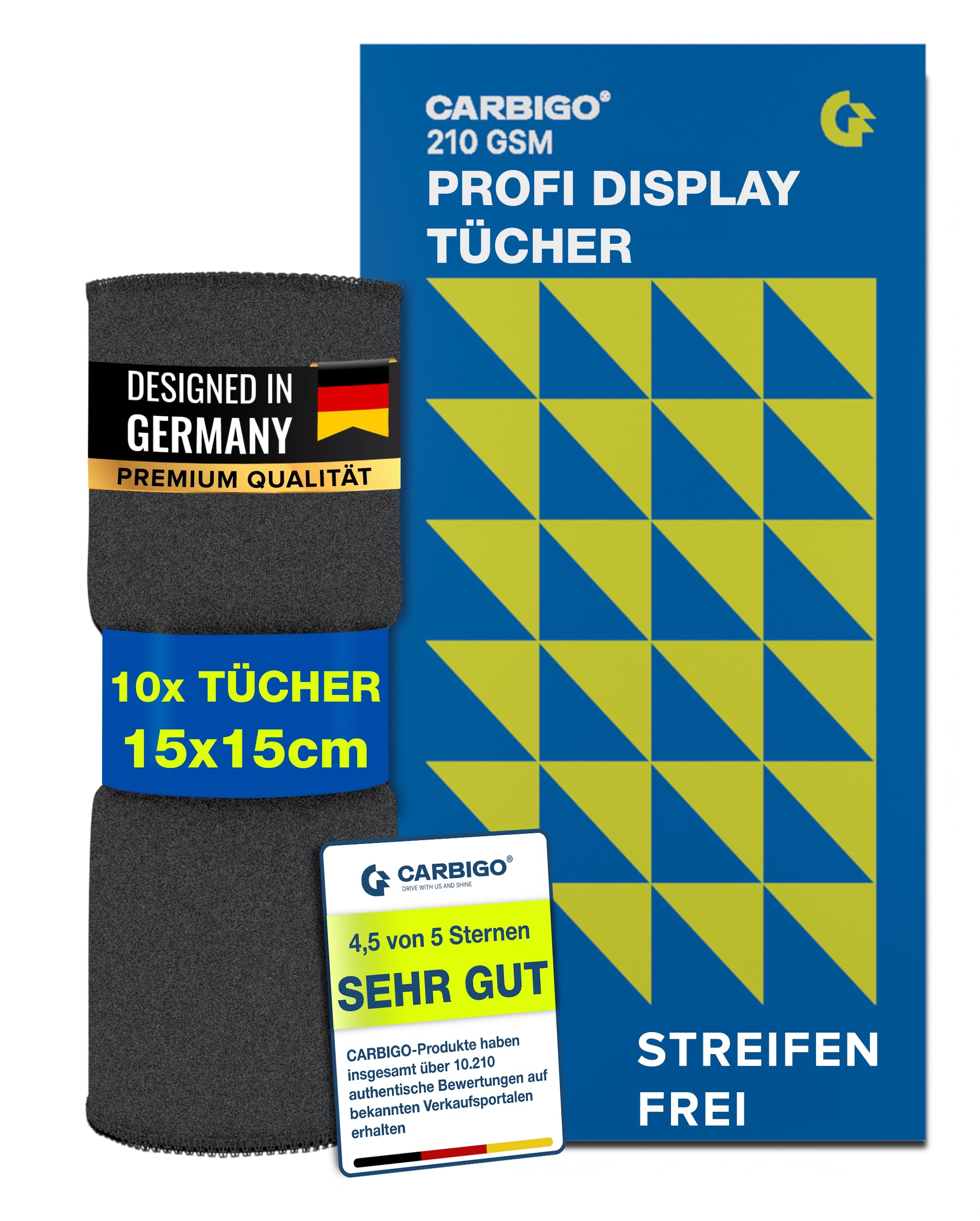 Carbigo® 210 GSM Profi Mikrofasertuch Display – Streifenfreie Reinigung von Display, Brillen, Bildschirmen – Fusselfreies & weiches Microfasertuch Display – Innovatives Poliertuch Display 15x15cm (10)