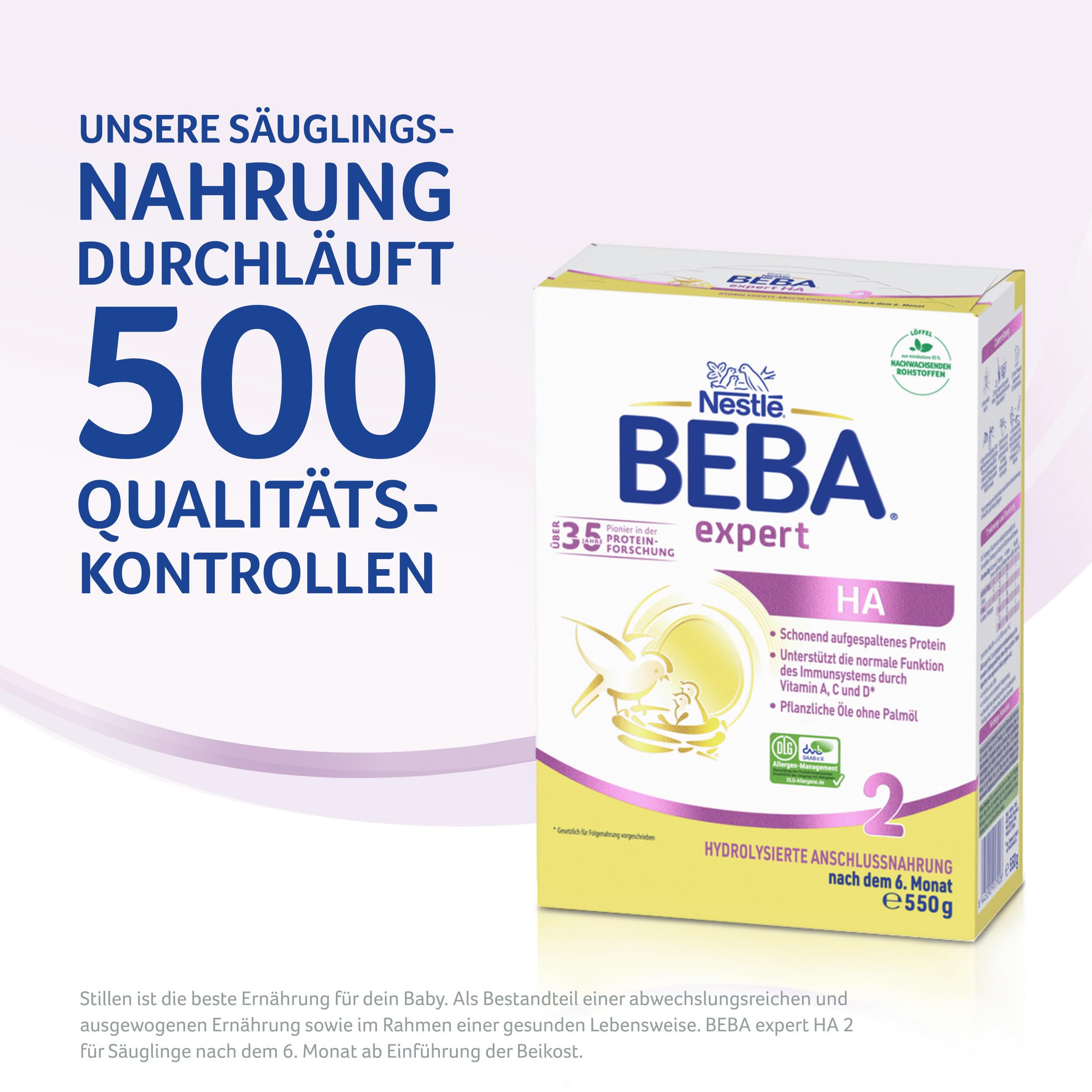BEBA expert HA 2 - Folgemilch nach dem 6. Monat, Hydrolysierte Anschlussnahrung, Patentierets Produkt, Nur Laktose, Ohne Palmöl, Ohne Fischöl, Babynahrung, Baby-Milchpulver, 6er Pack (6 x 550g)
