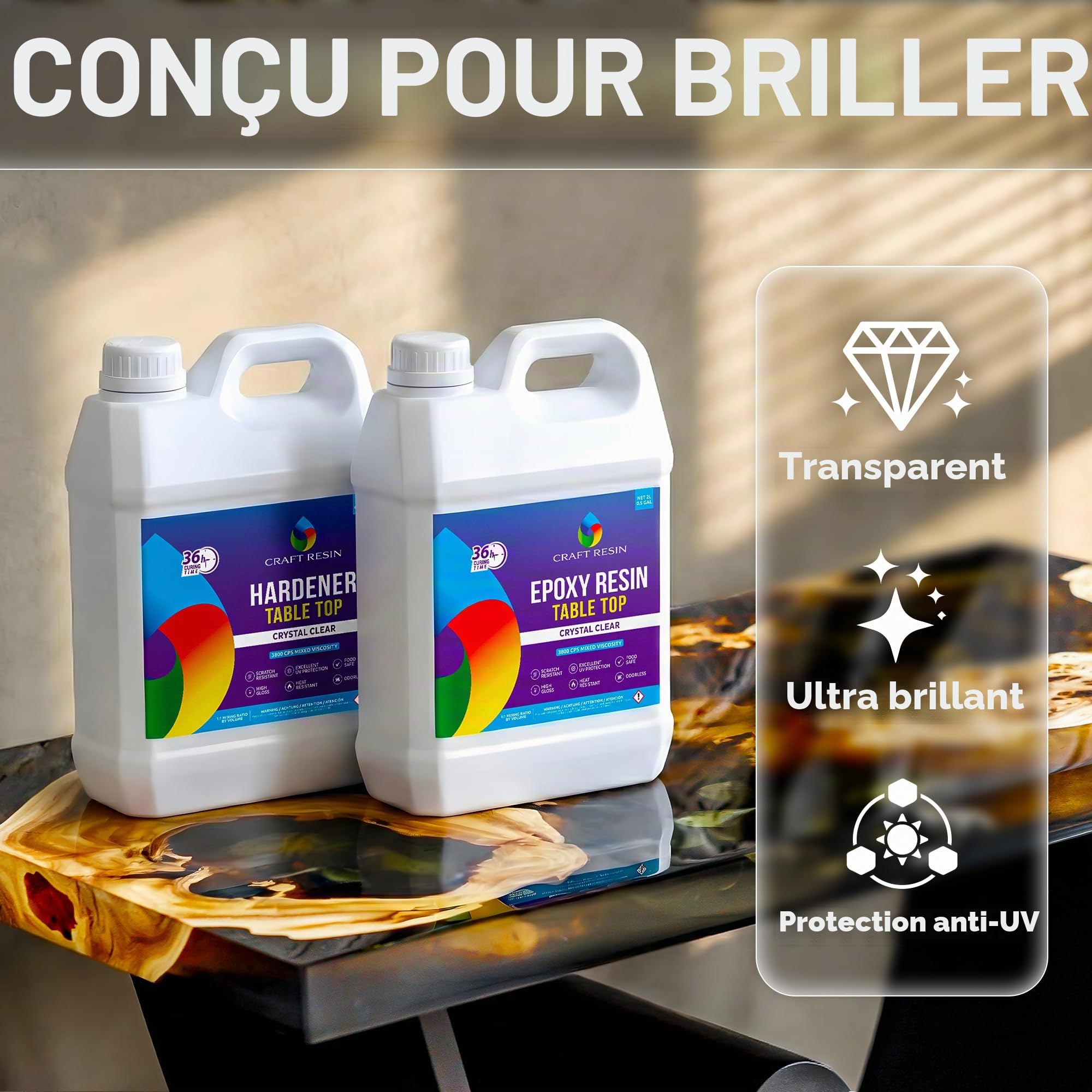 CRAFT RESIN Résine Époxy pour Plateaux de Table 8L (1:1) – Cristalline, Haut Brillant, Anti-UV, auto-Nivelante – Resine Epoxy Transparente pour Plans de Travail & Comptoirs