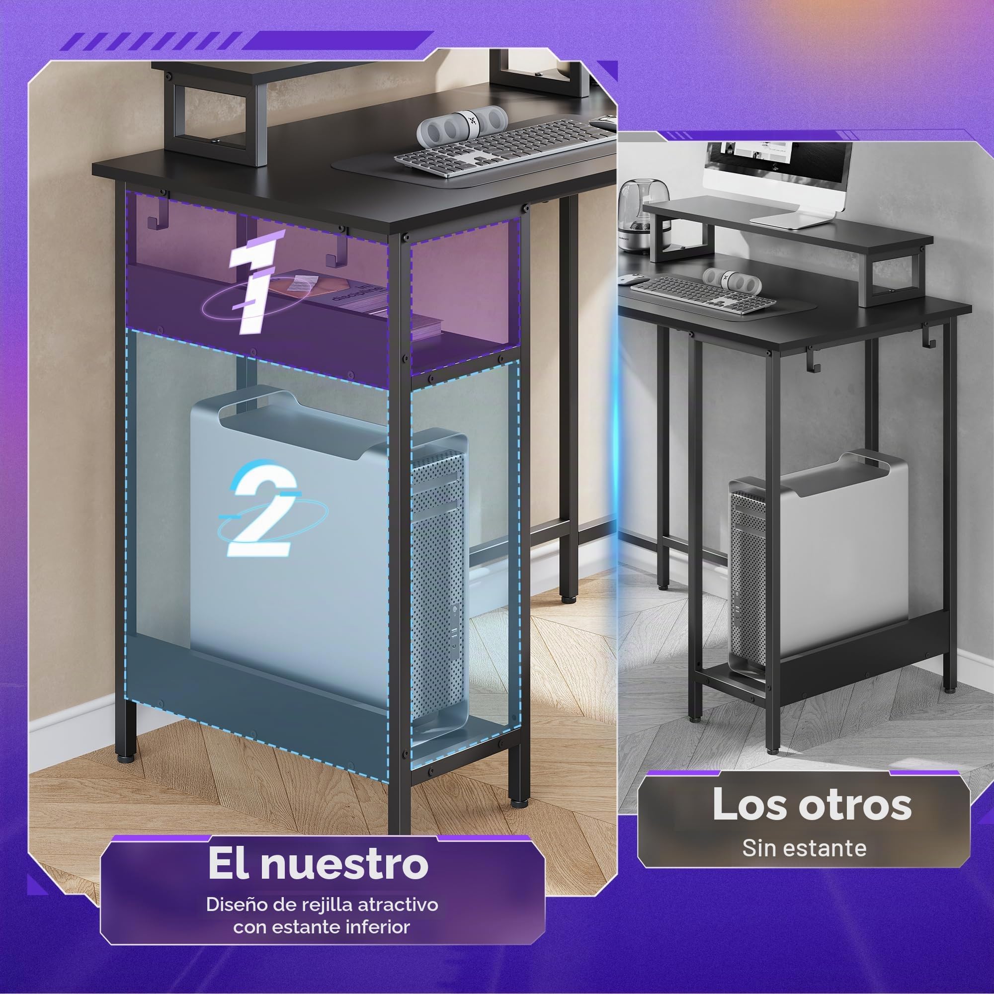 DEVAISE Escritorio en L de 150 x 120 cm con Tomas de Corriente, USB y Luces LED, con Estantes de Almacenamiento, Mesa de Ordenador para Oficina en Casa, Negro