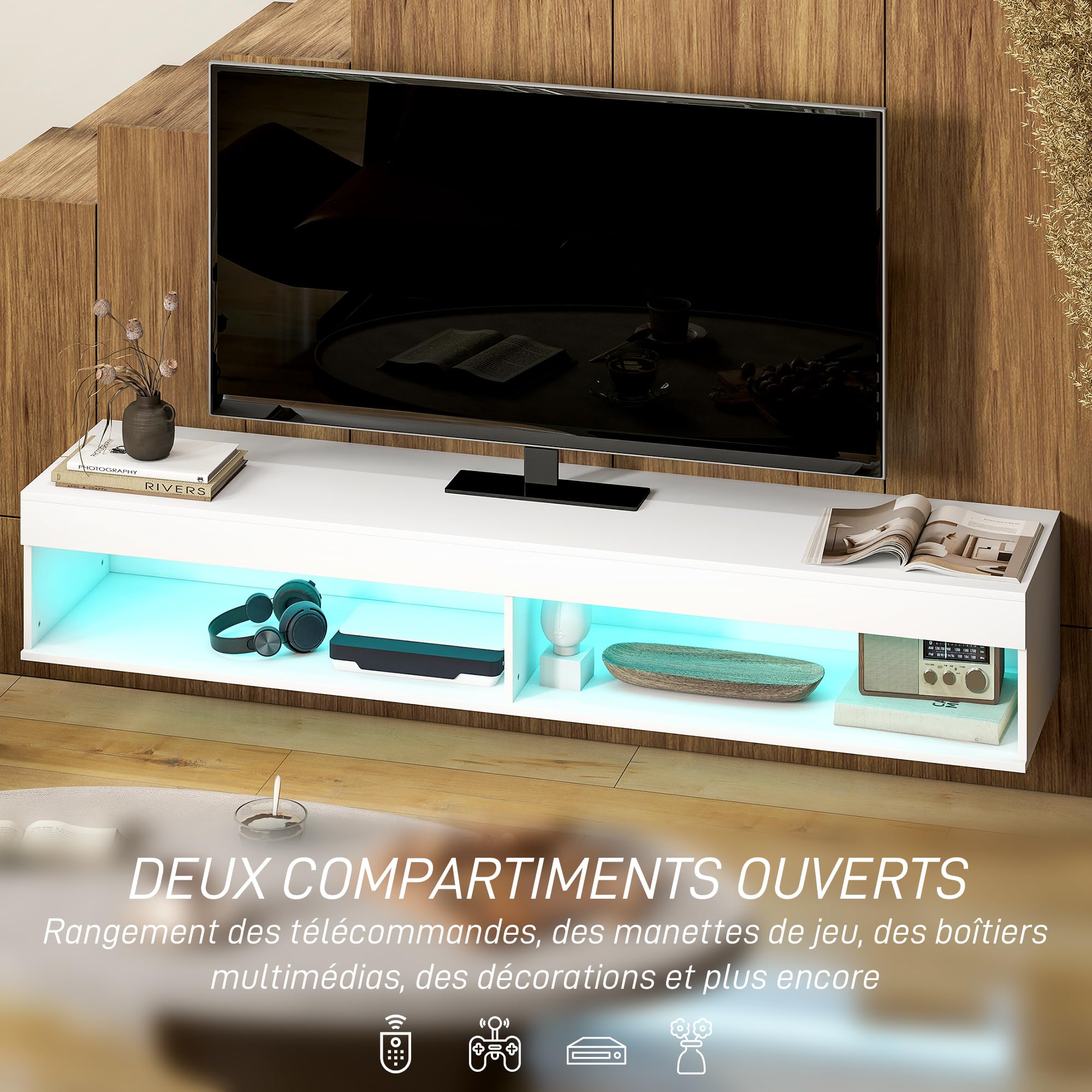 HOMCOM Meuble TV Suspendu Mural pour TV 75 Pouces 80 x 40 x 30 cm Blanc
