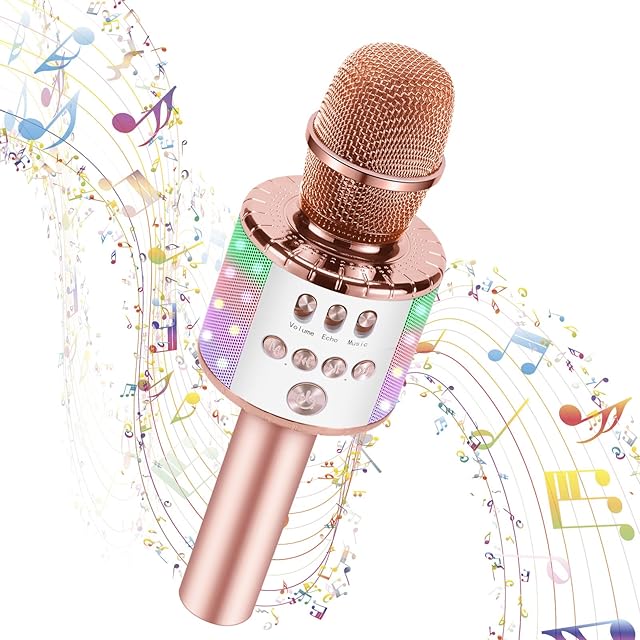 Kussla Microphone for Kids Bluetooth Microphone, Karaoke Microphone HI-FI Sound, Microphone Wireless Compatible Android IOS & Multi-App, Kids Toy for 4 5 6 7 8 Year Old Rose Gold