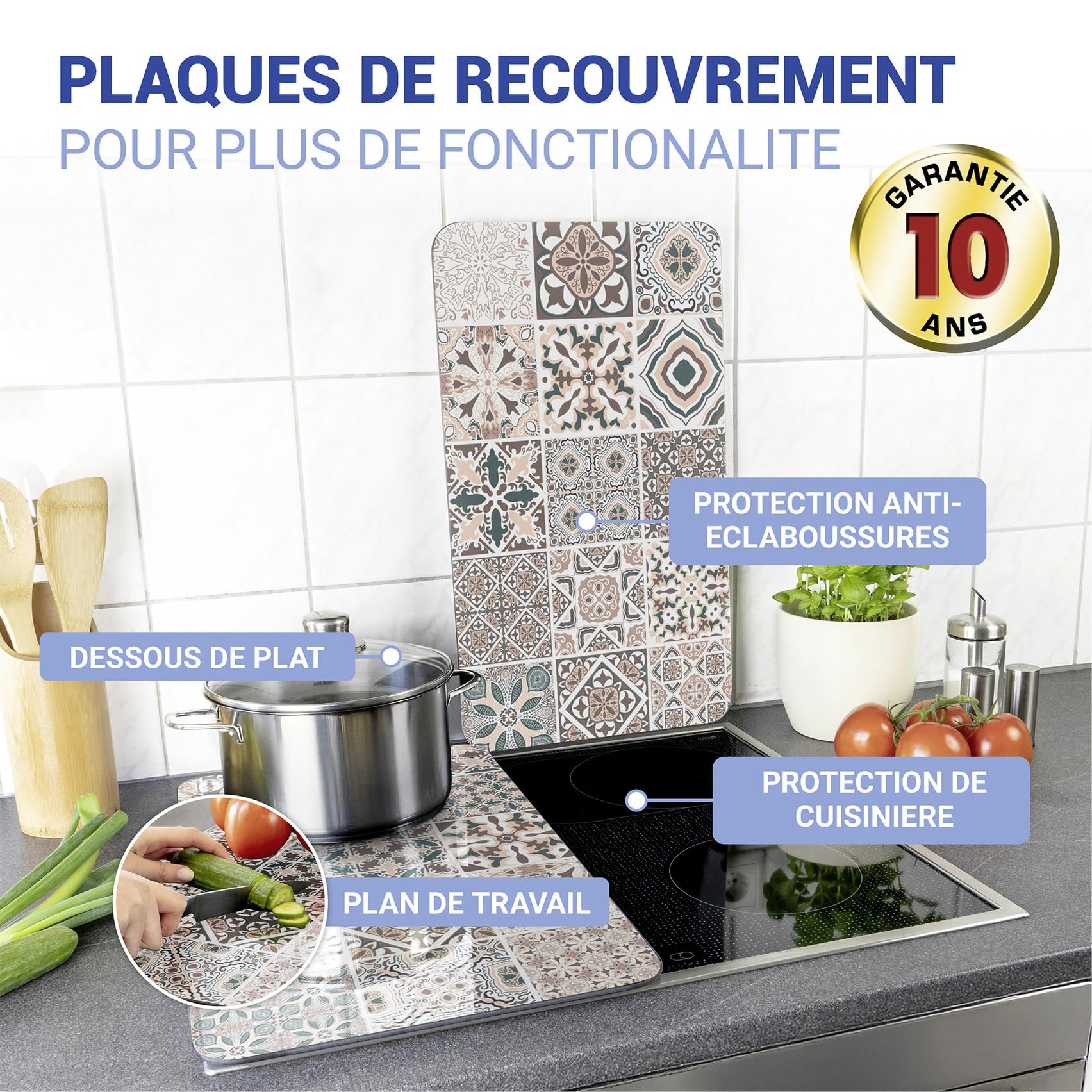 WENKO Plaque de Recouvrement Universelle Mod. Carreau, réglable en Hauteur pour Tout Type de cuisinière, Planche à découper et Protection Anti-éclaboussures, Verre, 30 x 52 cm, 2 pièces
