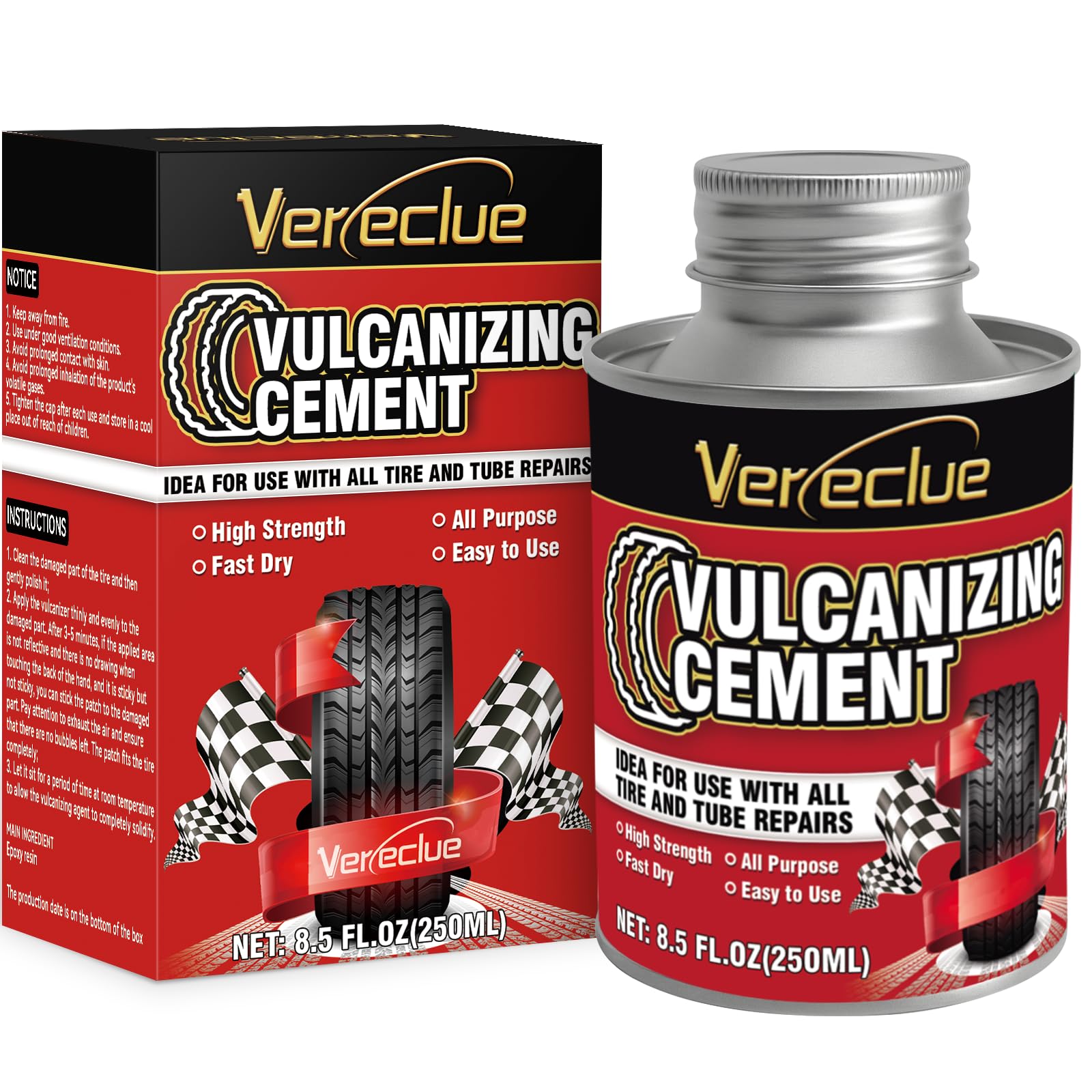 Chemical Vulcanizing Cement, Clear Tire Repair Glue, All Purpose Rubber Cement, Heavy Duty Tire Patch Kit with Brush Top Can for Car, Motorcycle, Bike, 8.5Oz