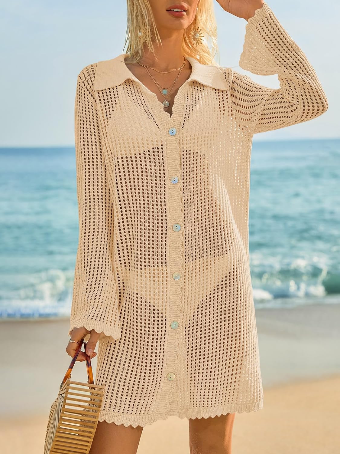 Saodimallsu Womens Crochet Swimsuit Coverup Button Down Long Sleeve Cardigan Mini Dress Beach Cover Ups Vacation Outfits - Image 3