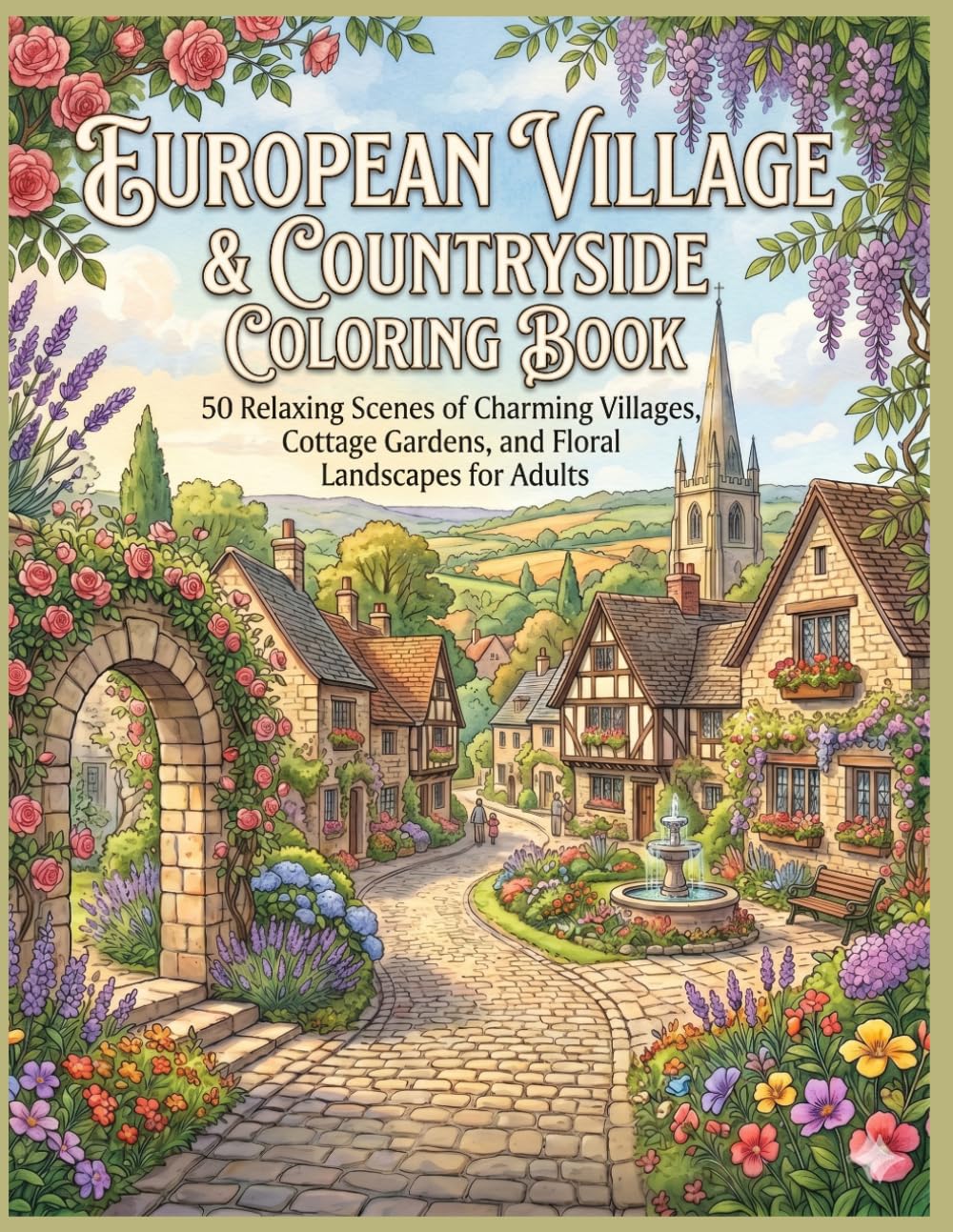 European Village & Countryside Coloring Book: 40 Relaxing Scenes of Charming Villages, Cottage Gardens, and Floral Landscapes for Adults