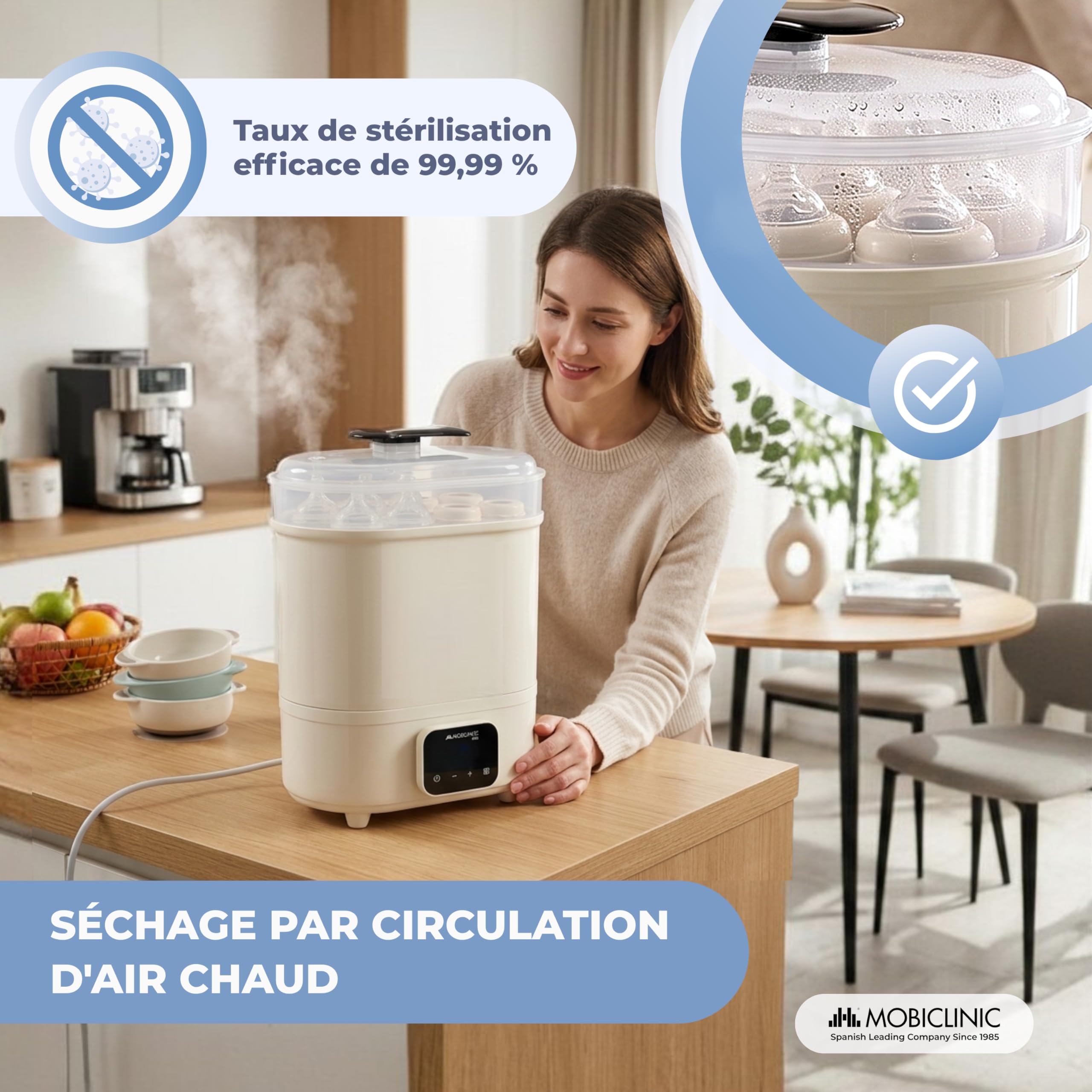 Mobiclinic®, Stérilisateur Biberons, 4 en 1, Jusqu'à 6 Bouteilles, Sèche, Maintient la Température, Mode Automatique, Sucettes et Tire-lait, Écran LCD, Compact, Mobibi
