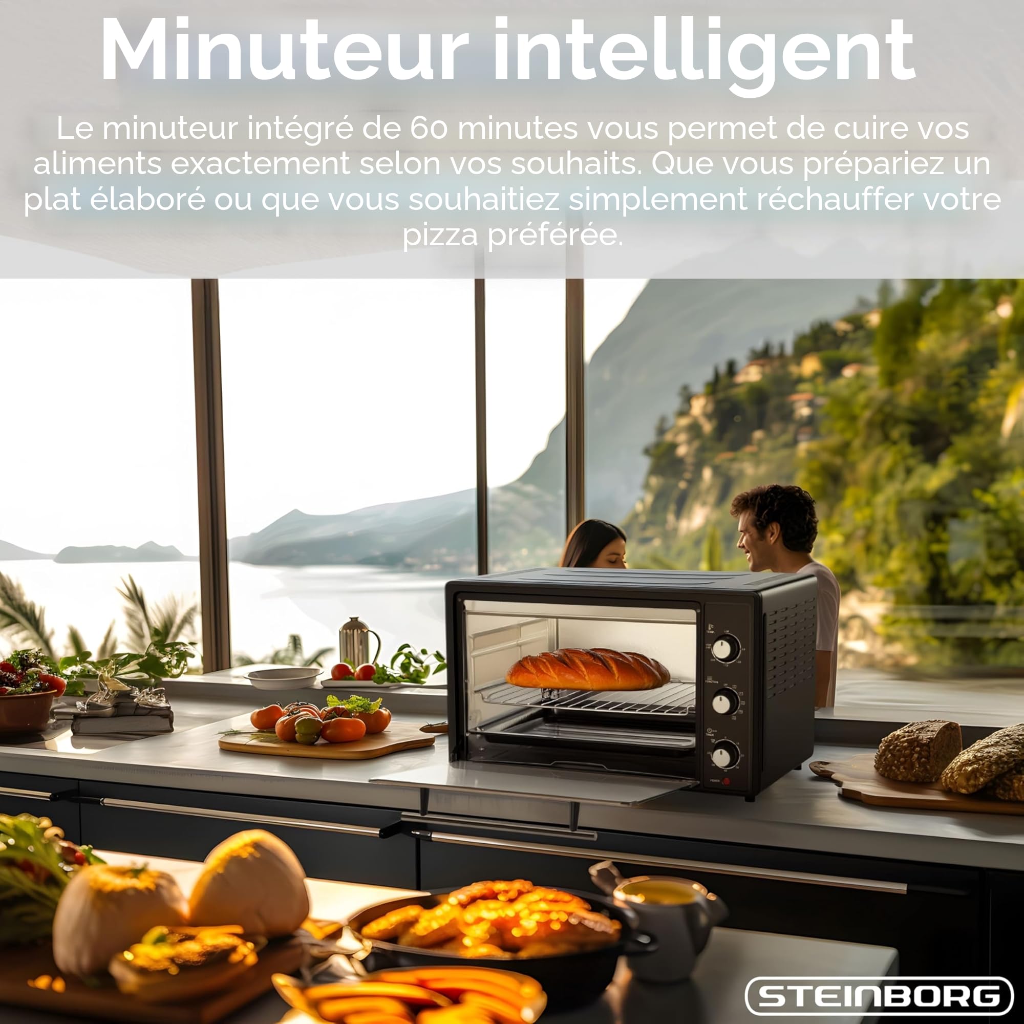 Mini four 45 l avec chaleur tournante | Tournebroche électrique | 1800 W | Four à chaleur tournante | Four à pizza | Éclairage intérieur | Avec plaque de cuisson et grille de cuisson | Mini four |