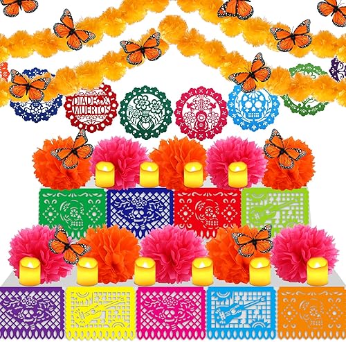 46 piezas de decoración Día de los Muertos Día de los Muertos incluye 4 guirnaldas de caléndula 12 velas sin llama, 2 piezas de pancarta mexicana,