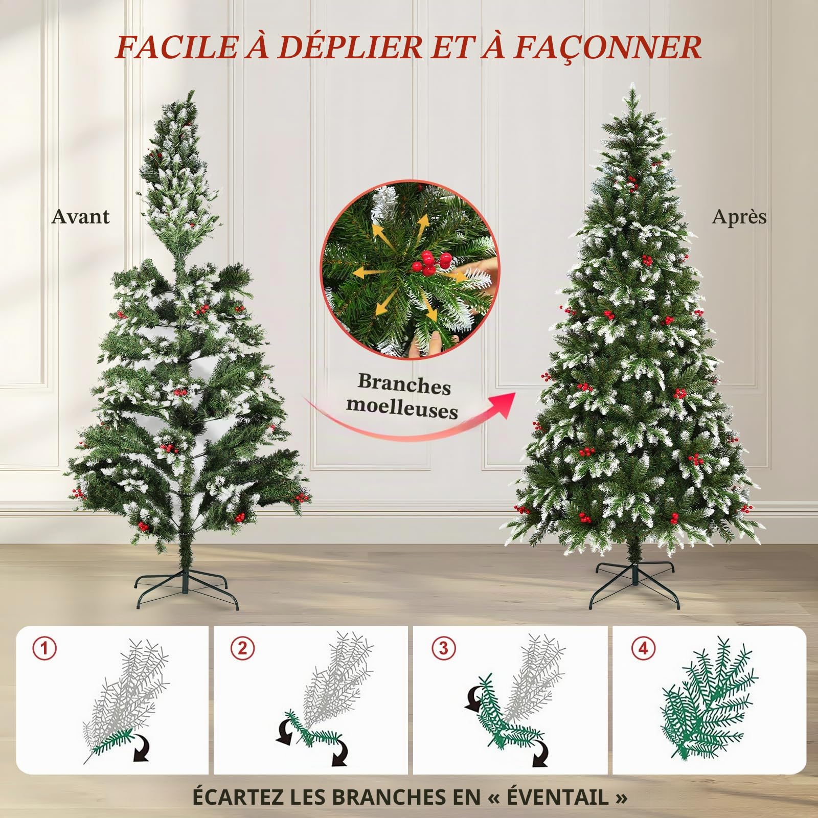 Uten Sapin de Noël Artificiel 150 cm, PE Arbre Noël Flocon Neige Luxe Décoration Intérieur, 500 Aspect Naturel Branches en PVC & PE, 23 Groupes Baies Rouges, Branches de Charnière, Réutilisable