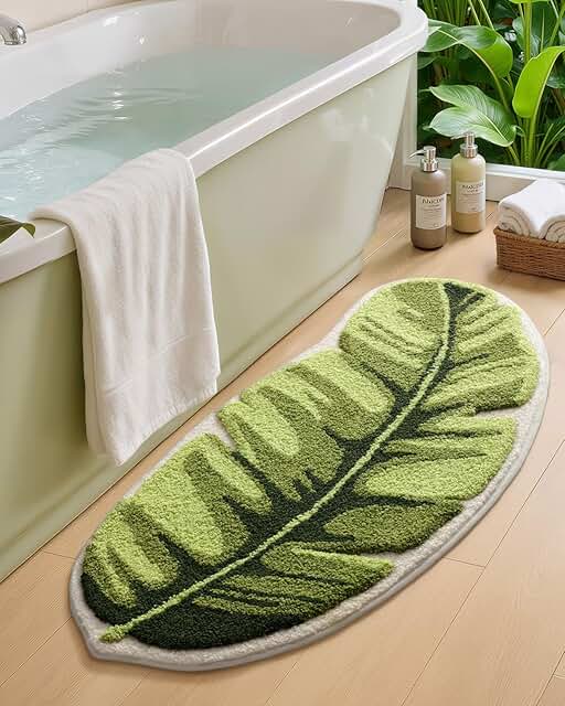 Color&Geometry Cute Green Monstera Leaf Bathroom Rug, Fluffy, Plush, Sof...