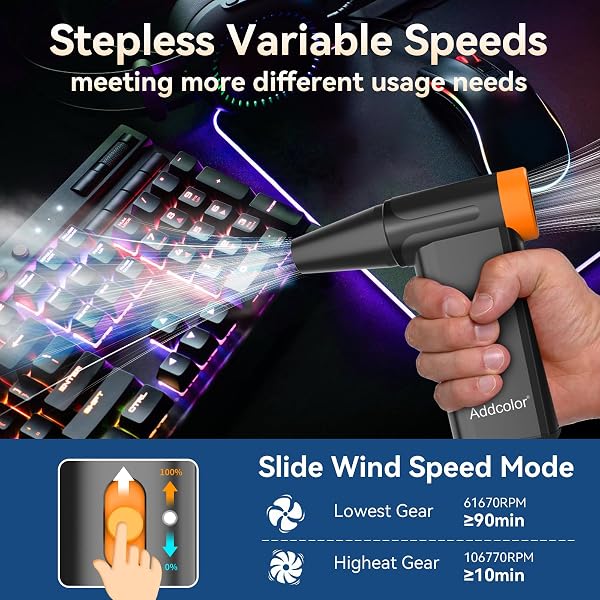 ADDCOLOR AD51 - Spolverino ad aria compressa da 2000 mAh* 2, con 8 marce regolabili, 106770 giri/min con display, soffianti portatili per tastiera, computer, auto, esterni, letto ad aria - 3