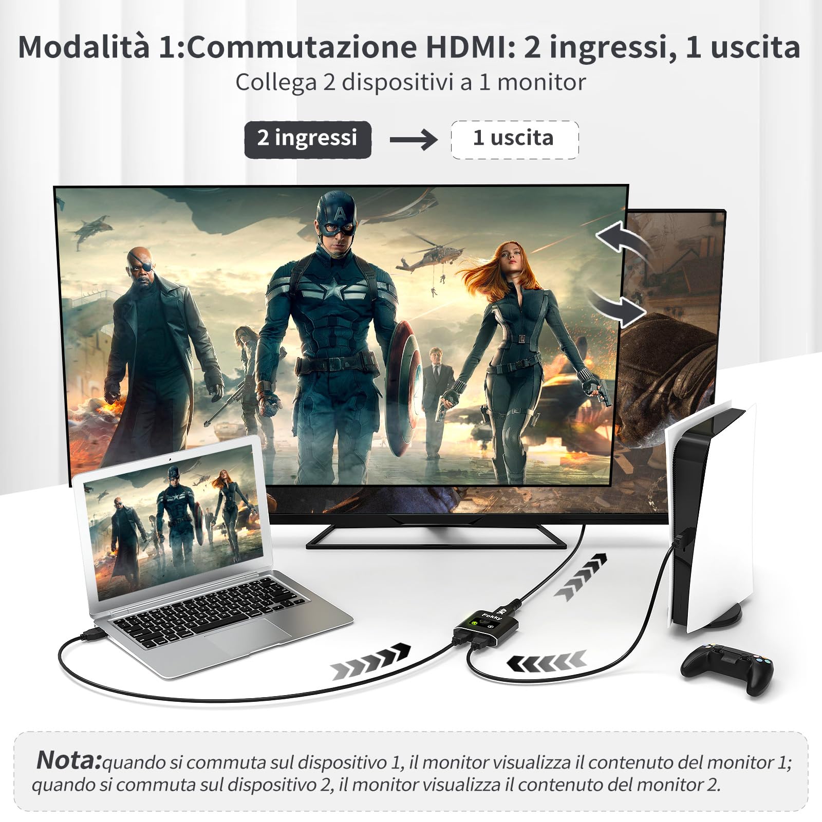 Switch HDMI 4K@60Hz, Splitter HDMI【con Cavo da 1M(3.3ft) 】Bidirezionale Sdoppiatore hdmi 2 Ingressi a 1 Uscita o 1 Ingresso a 2 Uscite (Nero con Cavo da 1M)