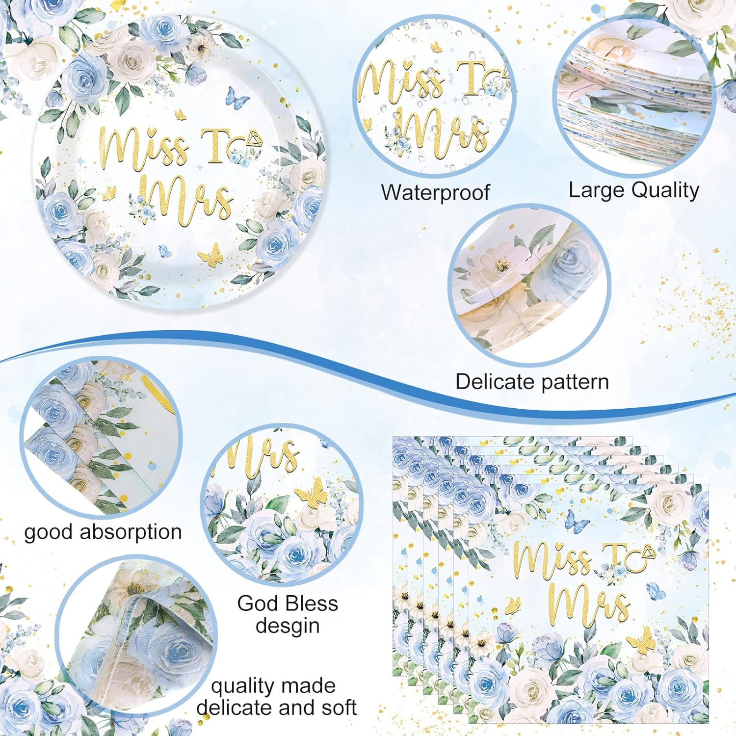 Pickmesh 194 Pcs Blue Floral Bridal Shower Party Decorations Wildflower Miss to Mrs Paper Plates Napkins Cups Tablecloth Cutlery Disposable Tableware Set for Wedding Engagement Party Supplies Serve 24