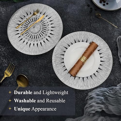 Miniatura 3 de WIGER Juego de 6 manteles individuales redondos plateados con diseño floral, lavables y lavables, metálicos, de vinilo prensado, para fiestas de