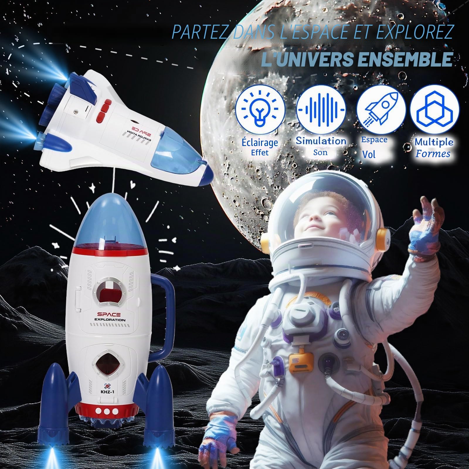 Fusée Jouet Espace pour Enfants, Toys spatiaux pour Les Enfants avec Astronautes Fusée Effets Sonores et Lumineux, Jouet pour garçons et Filles, kit de Jeu d'exploration d'astronautes