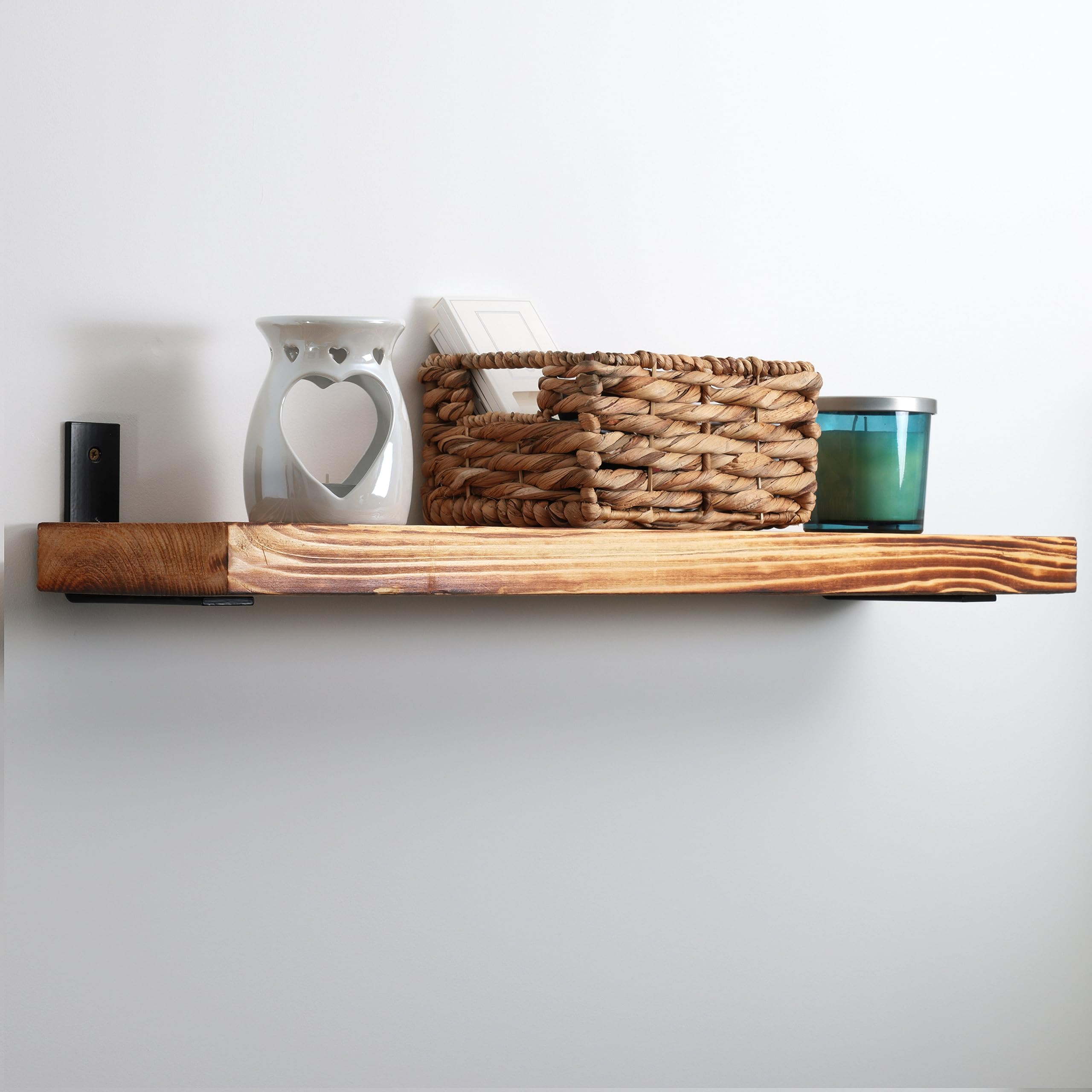 Bortaberg Wooden Shelf, Wall-Mounted Storage with Brackets, Scandinavian Spruce for Living Room Kitchen Bedroom, Rustic Oiled (60x16.5, Bracket 5cm)