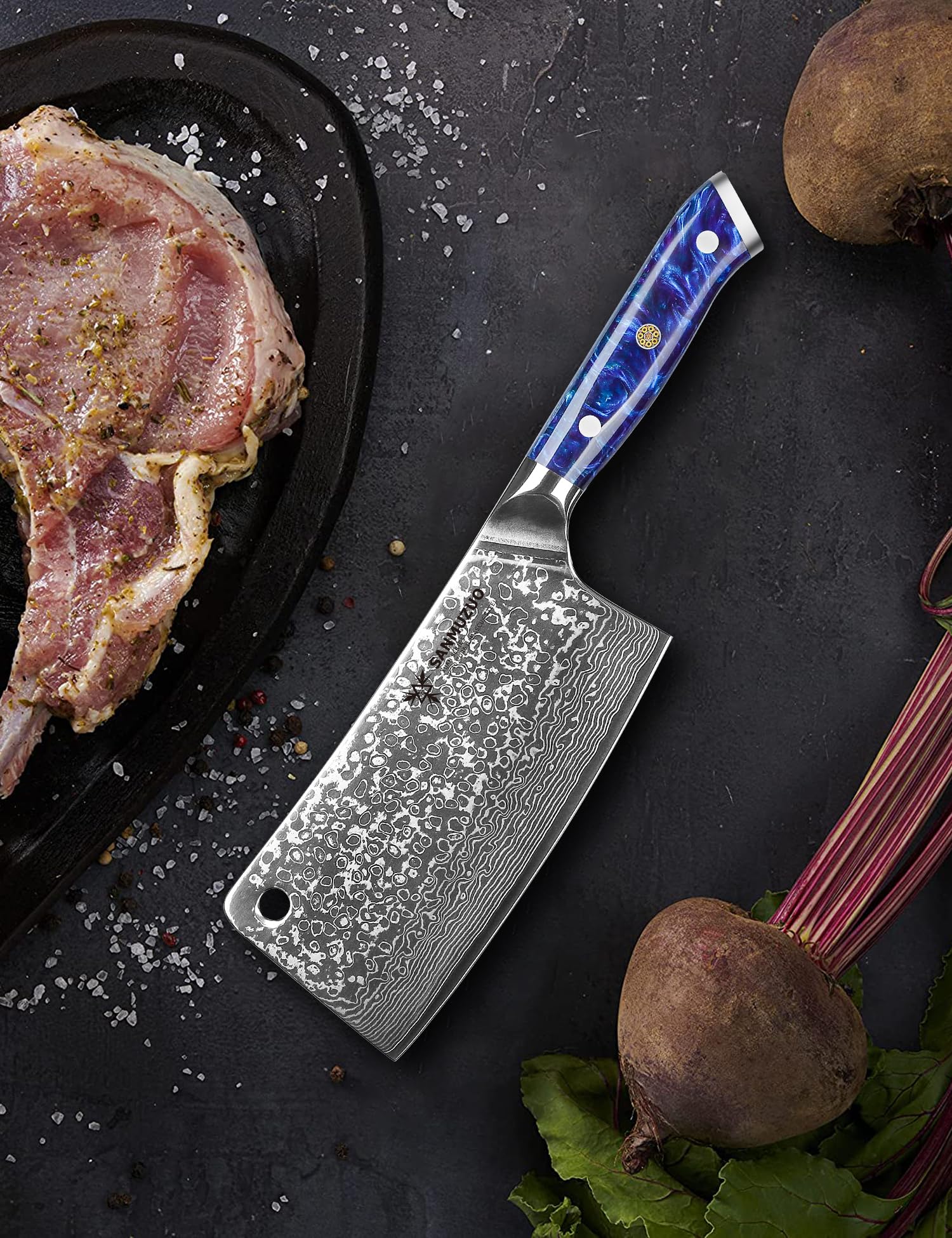 Mannaia Macellaio Cinese Coltello per Carne da Cucina Professionale 16,5 cm, Coltello da Chef Acciaio Damasco da 67 Strati- Impugnatura Ergonomica Resina - Xuan Series(Blu Zaffiro)