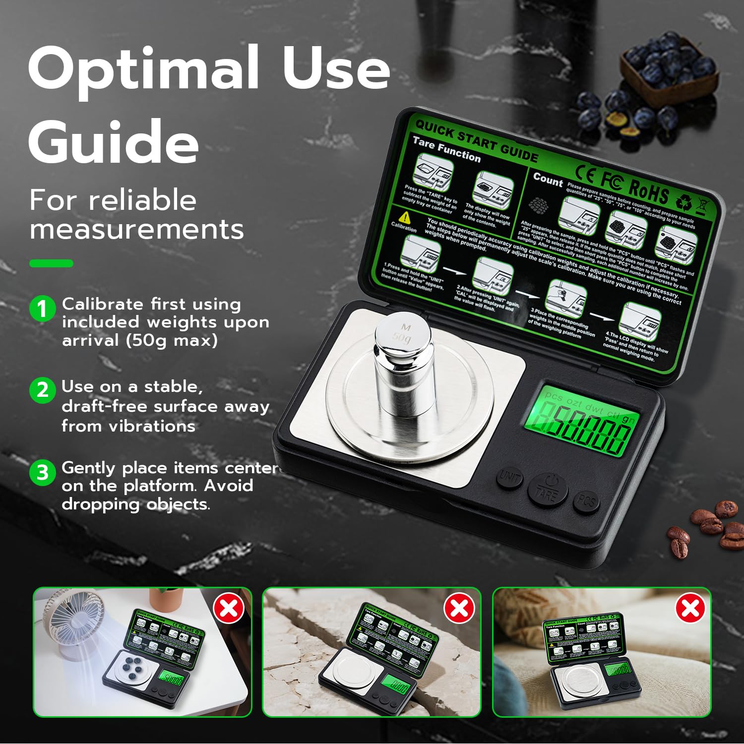 Báscula digital de miligramo de 1.76 oz x 0.00 oz, mini báscula de precisión con función de peso de tara, peso de calibración y pantalla LCD retroiluminada, microbáscula de bolsillo para 9