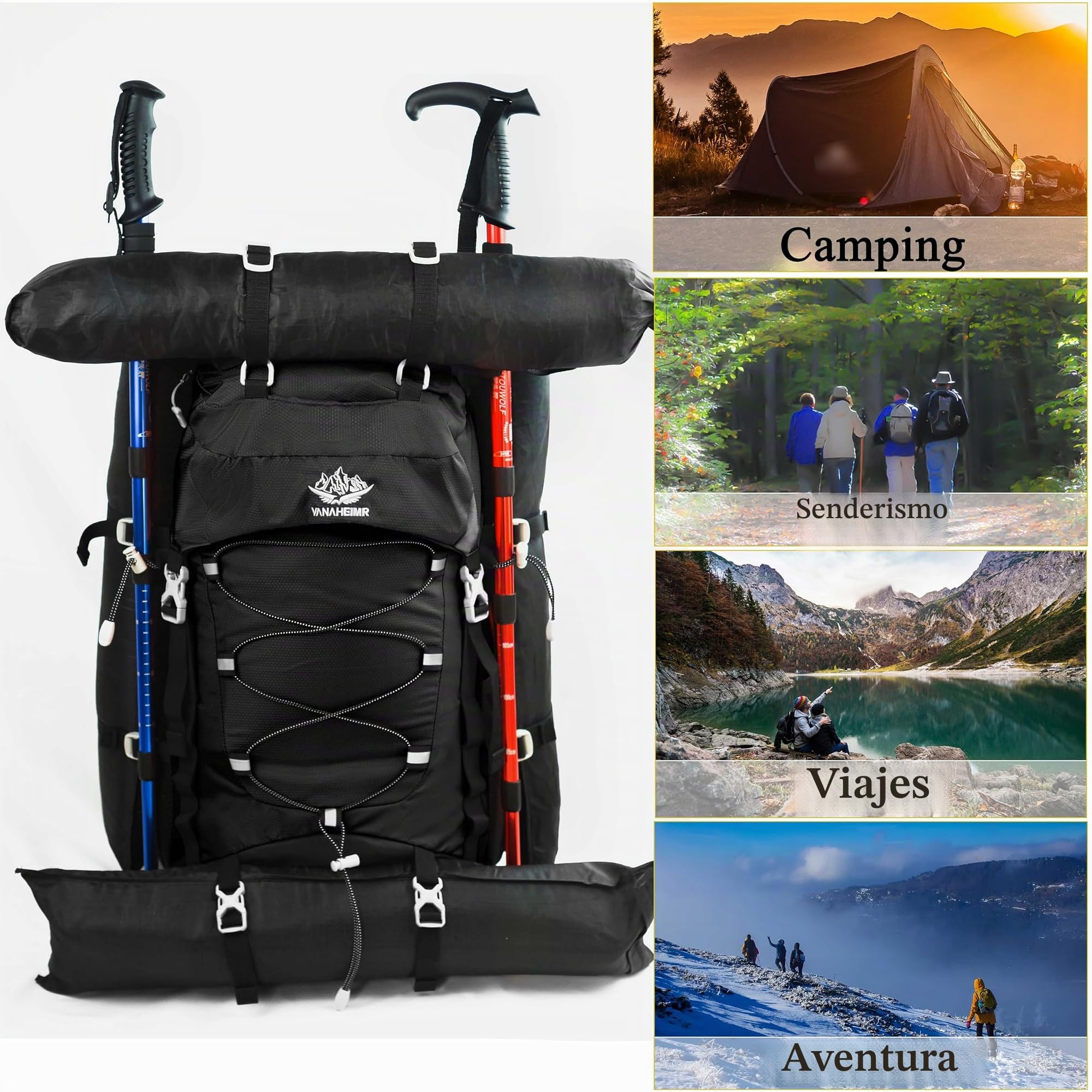Mochila de viaje de 60 L para senderismo, camping con cubierta para lluvia, mochila resistente al agua, mochila de escalada para hombres y mujeres