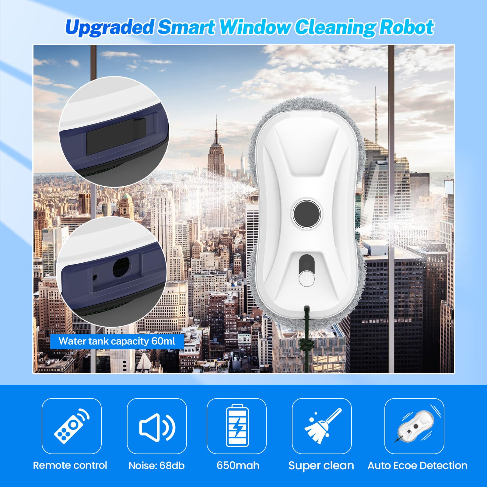 5600Pa Fensterreiniger, automatischer Fensterreiniger, doppelte Wassersprühung, Sicherheitssystem, intelligente Navigation, Fernbedienung, für alle glatten Oberflächen (weiß)